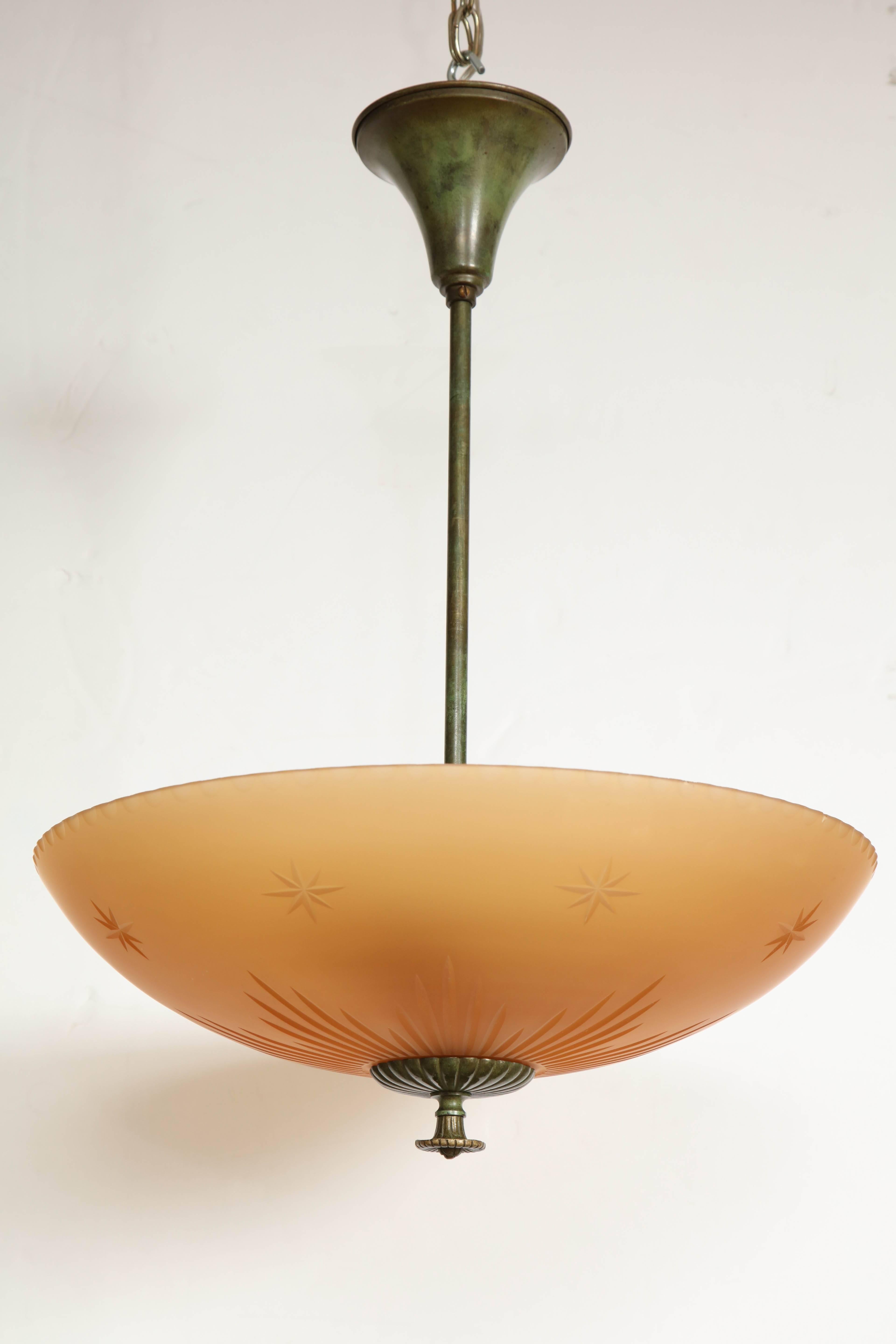 Swedish Patinated Brass and Cut Amber Glass Pendant, circa 1940s 2
