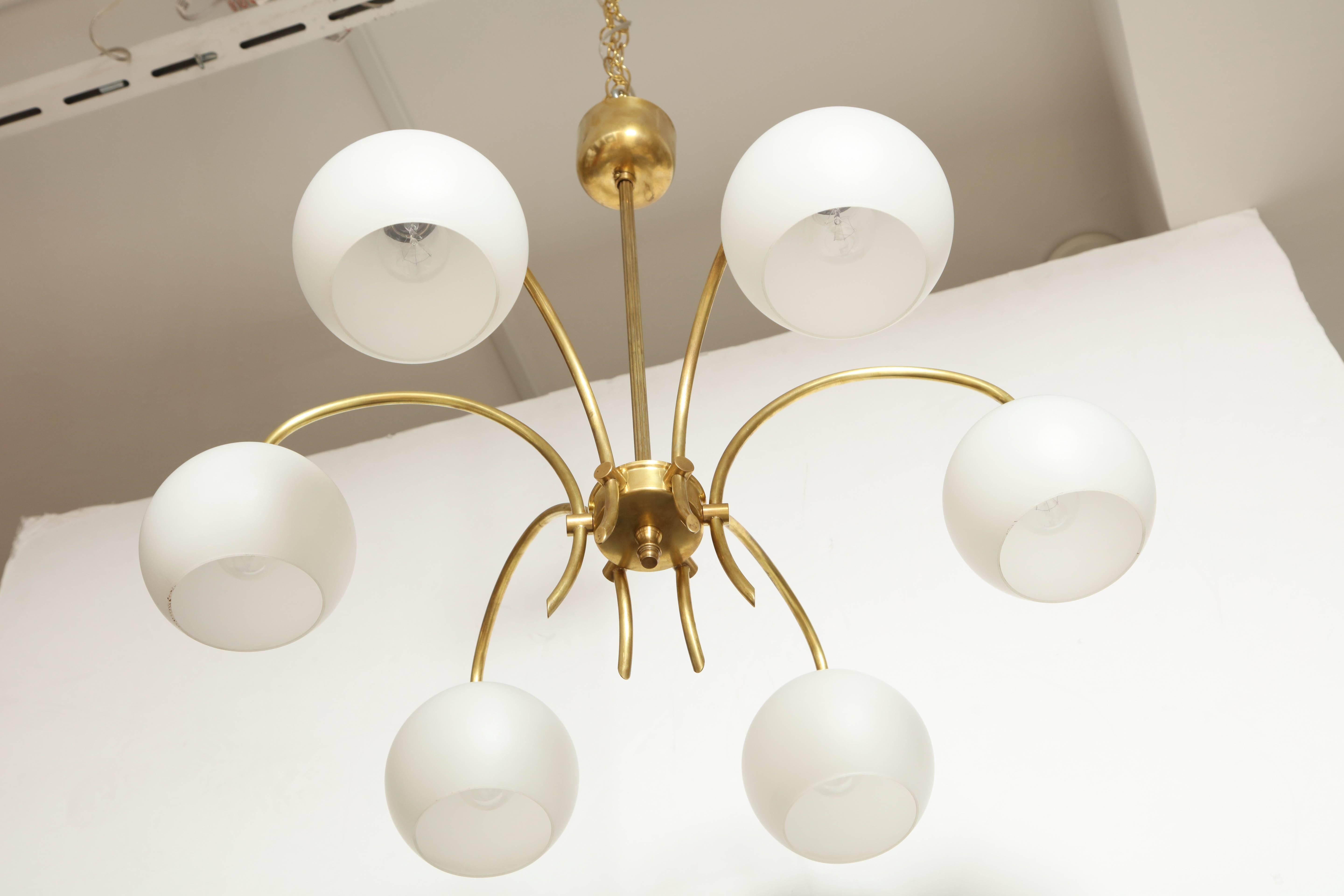 Mid-20th Century Danish Six Arched Arm Brass and Milk Glass Chandelier, circa 1960s