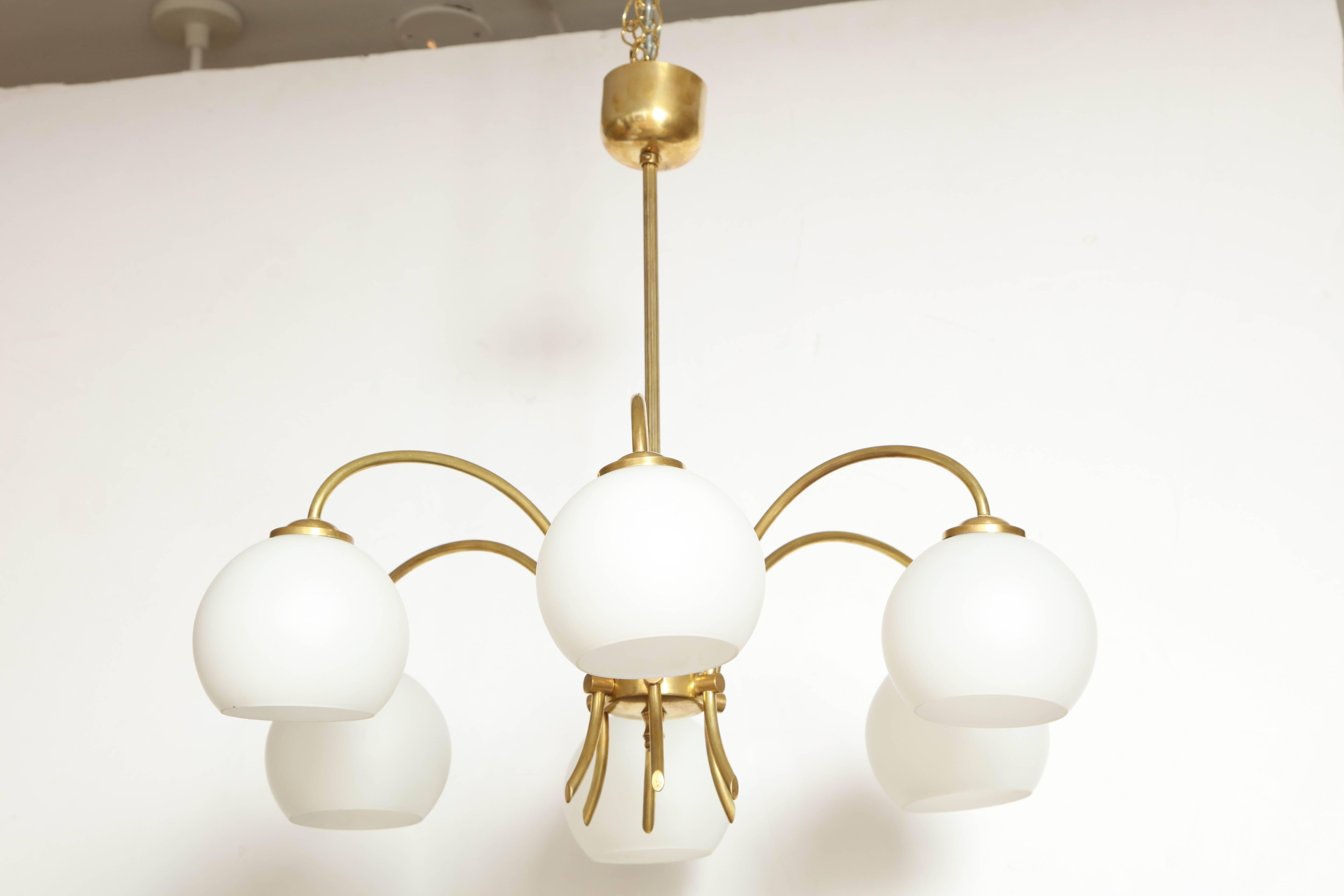 Danish Six Arched Arm Brass and Milk Glass Chandelier, circa 1960s 1