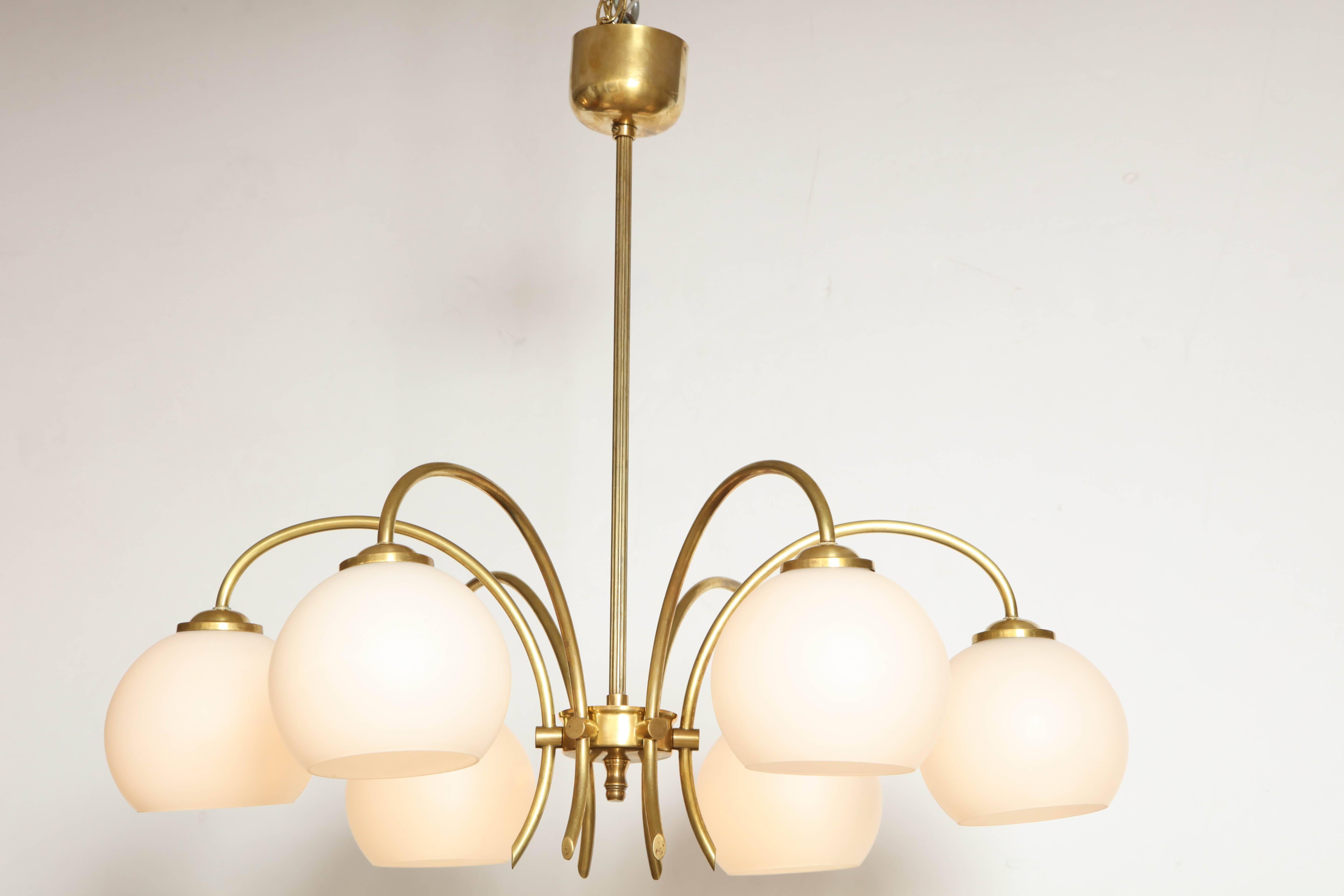 Danish Six Arched Arm Brass and Milk Glass Chandelier, circa 1960s 2