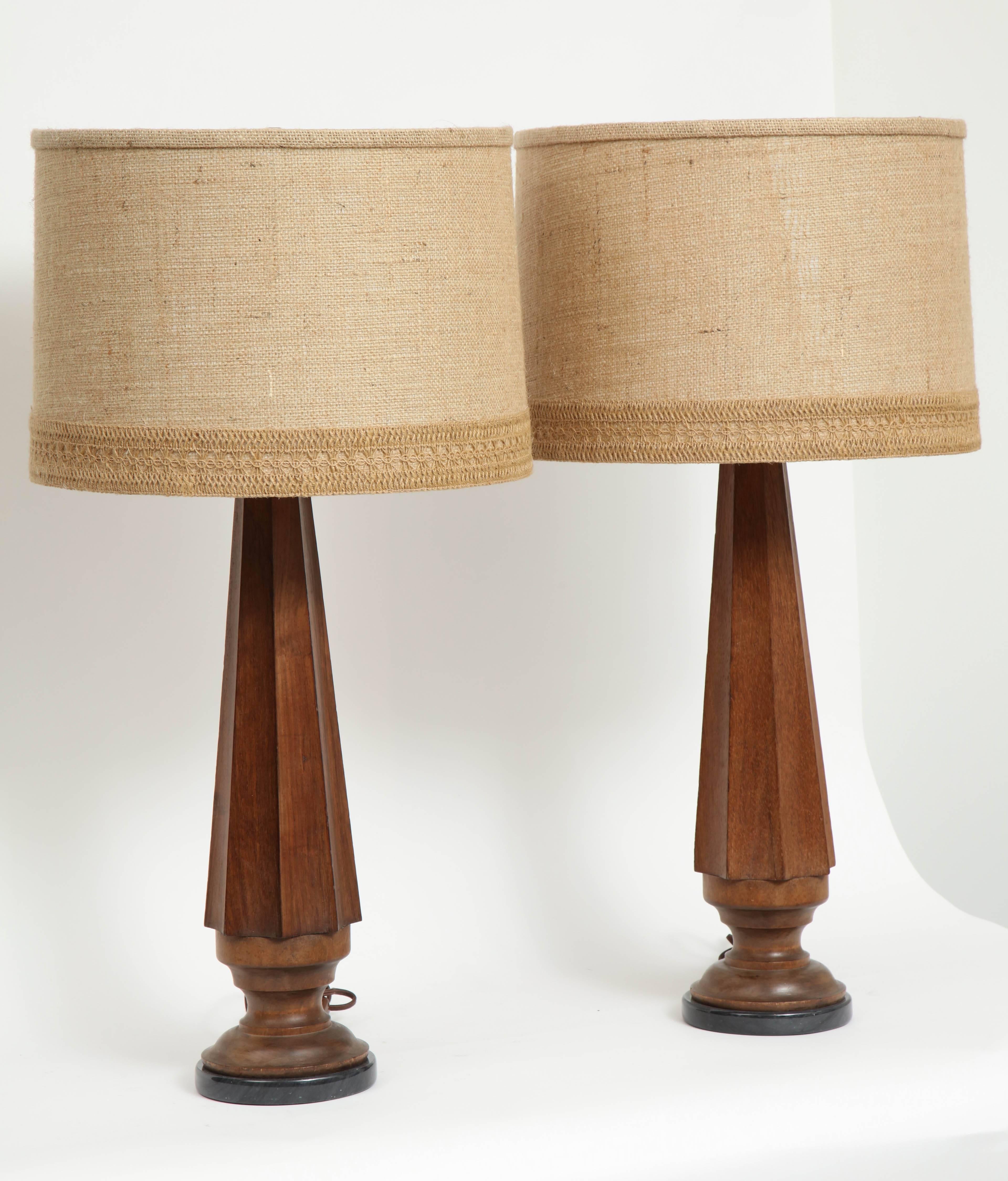 Pair of antique wood column lamps.