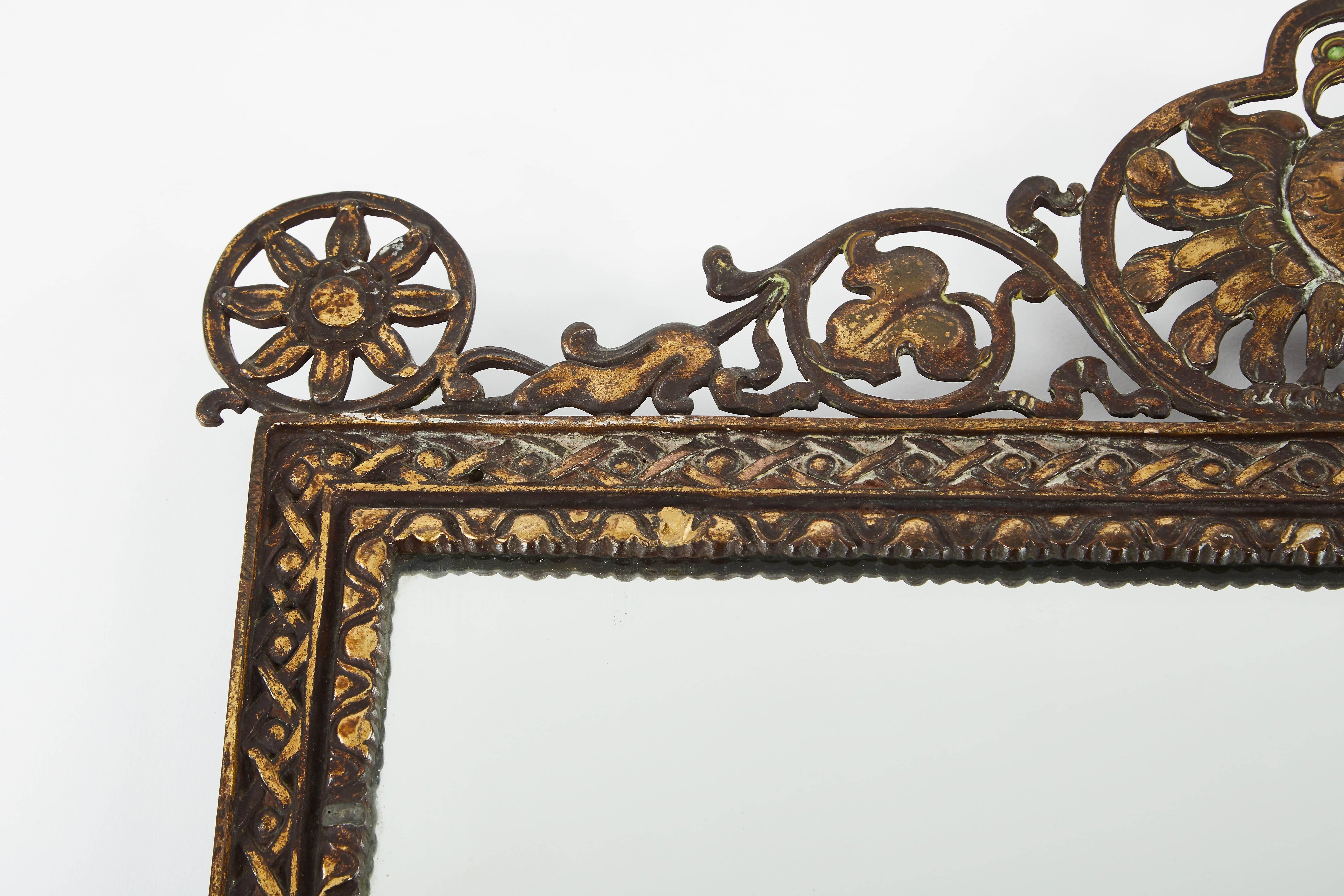 Spanish Colonial Spanish Gilded Iron Wall Mirror with Figural Bird and Scroll Details, circa 1930