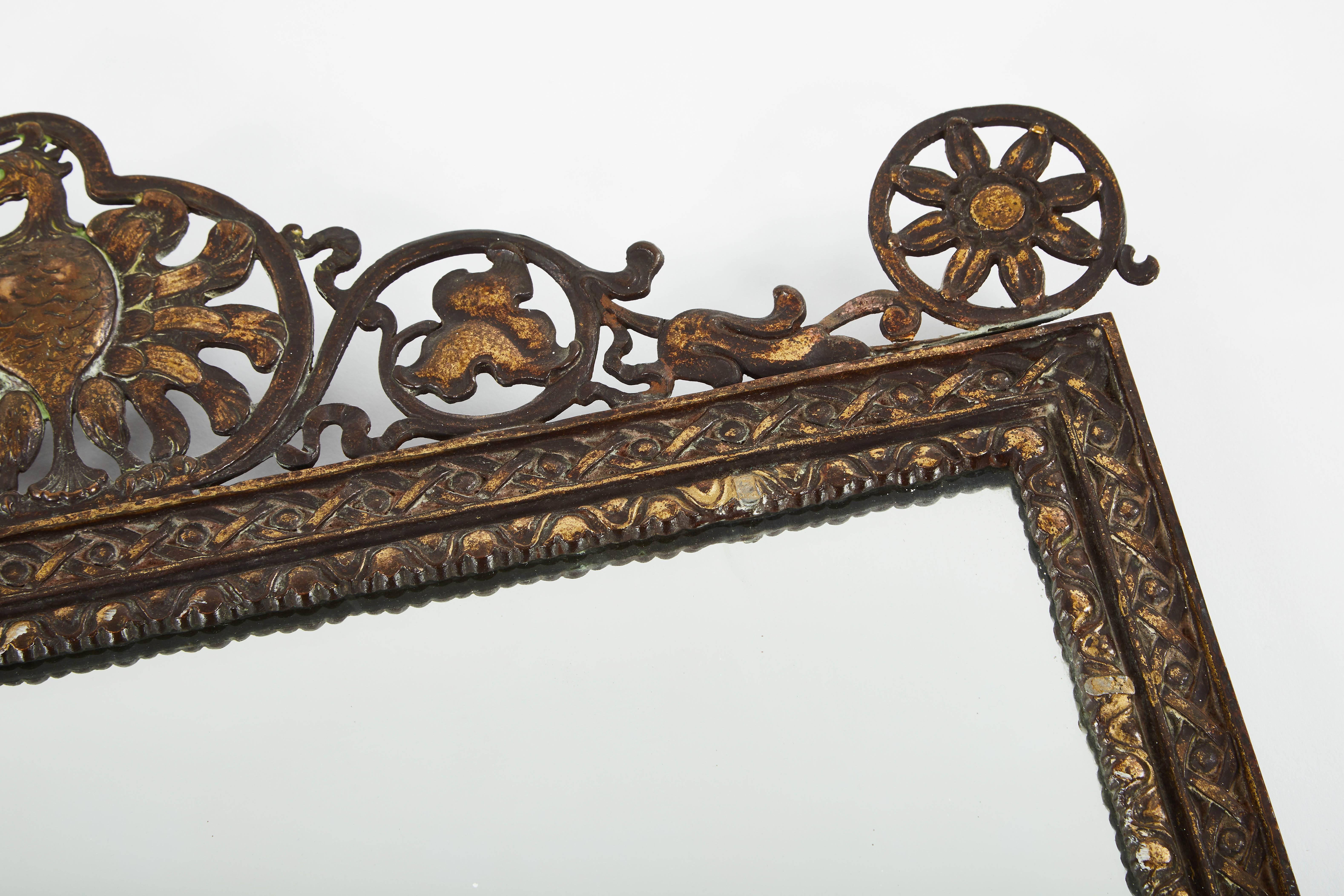 Spanish Gilded Iron Wall Mirror with Figural Bird and Scroll Details, circa 1930 In Good Condition In Chicago, IL