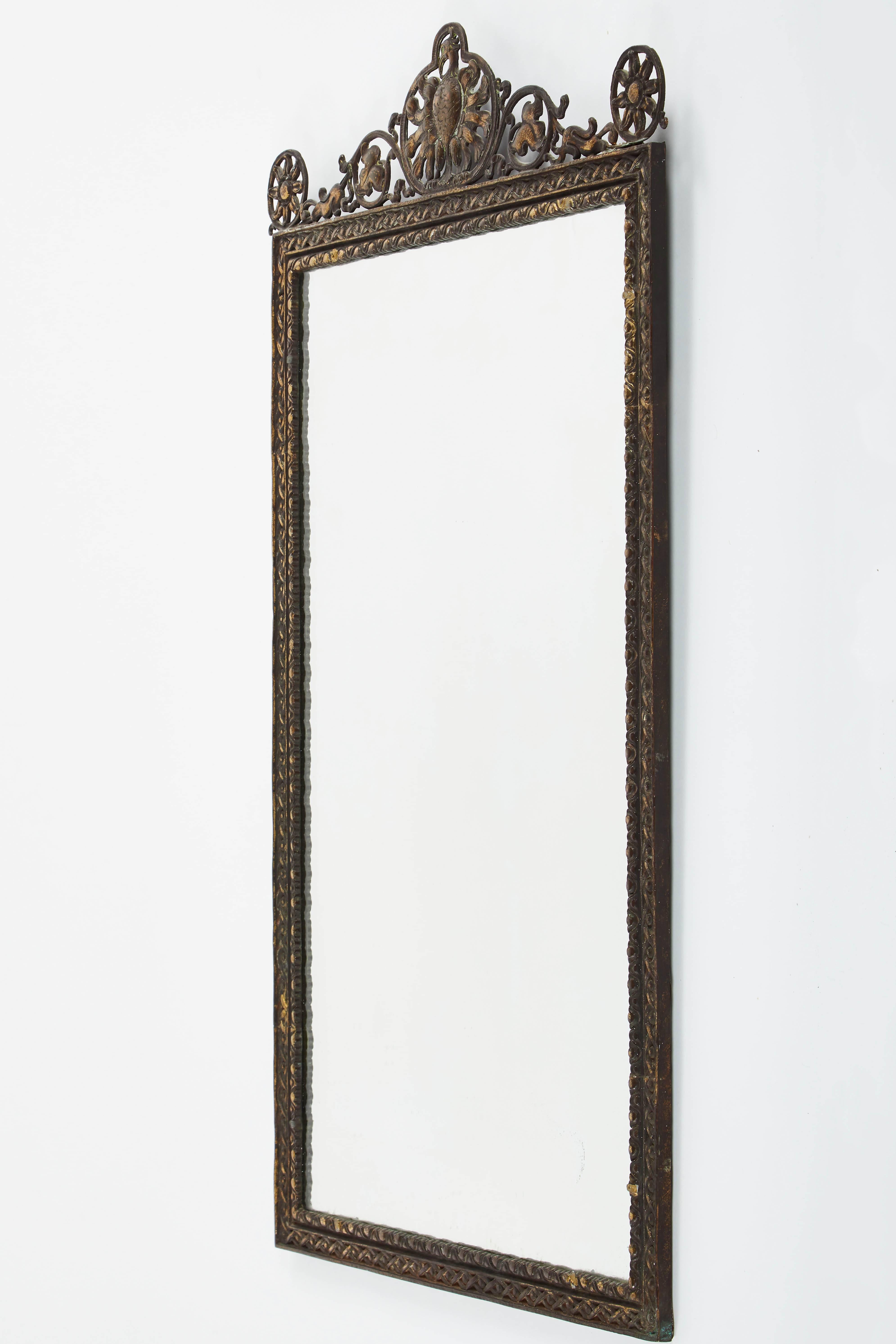 Mid-20th Century Spanish Gilded Iron Wall Mirror with Figural Bird and Scroll Details, circa 1930