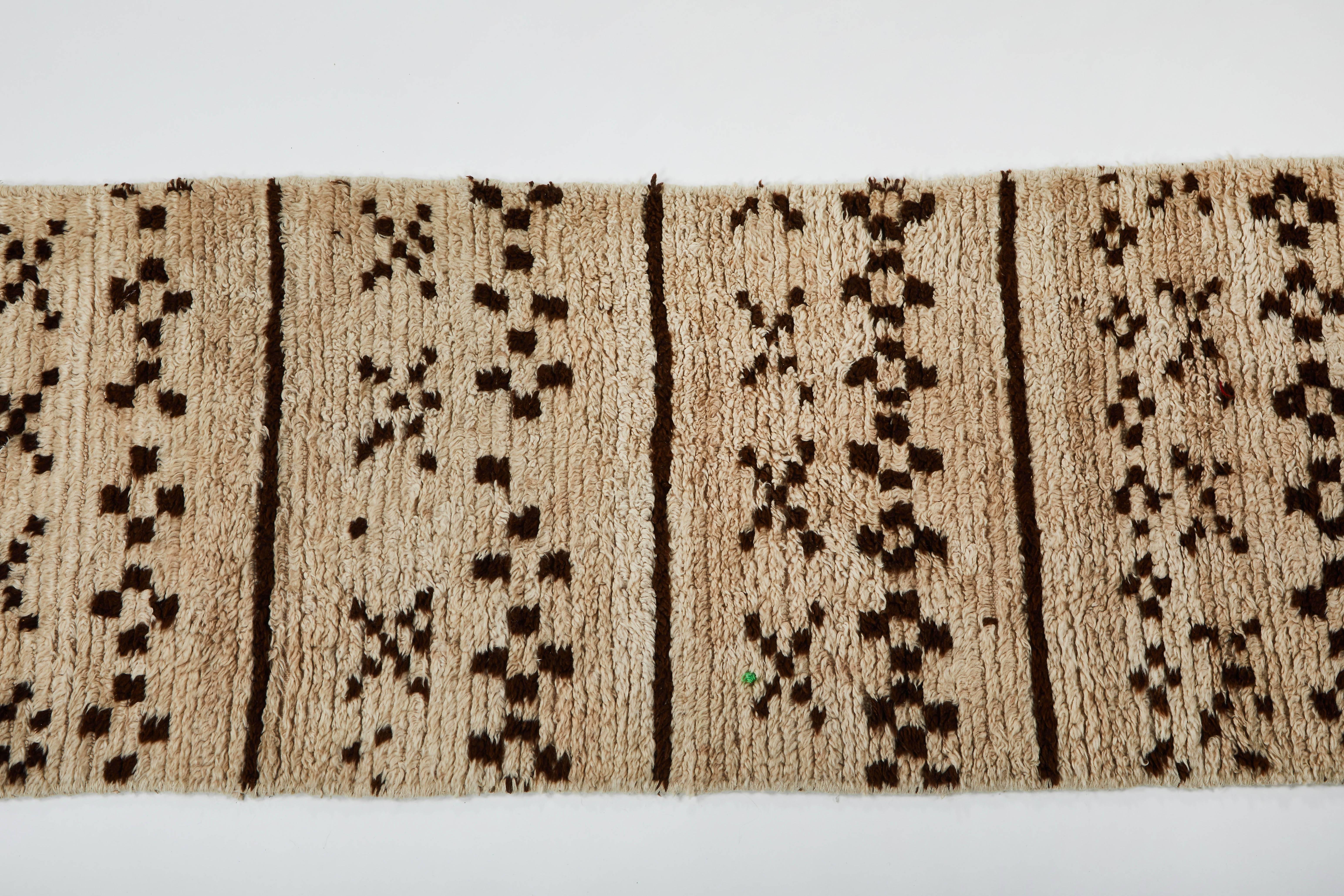 Hand-Knotted Moroccan Hand Knotted Brown and Tan Beni Ourain Wool Runner, circa 1940