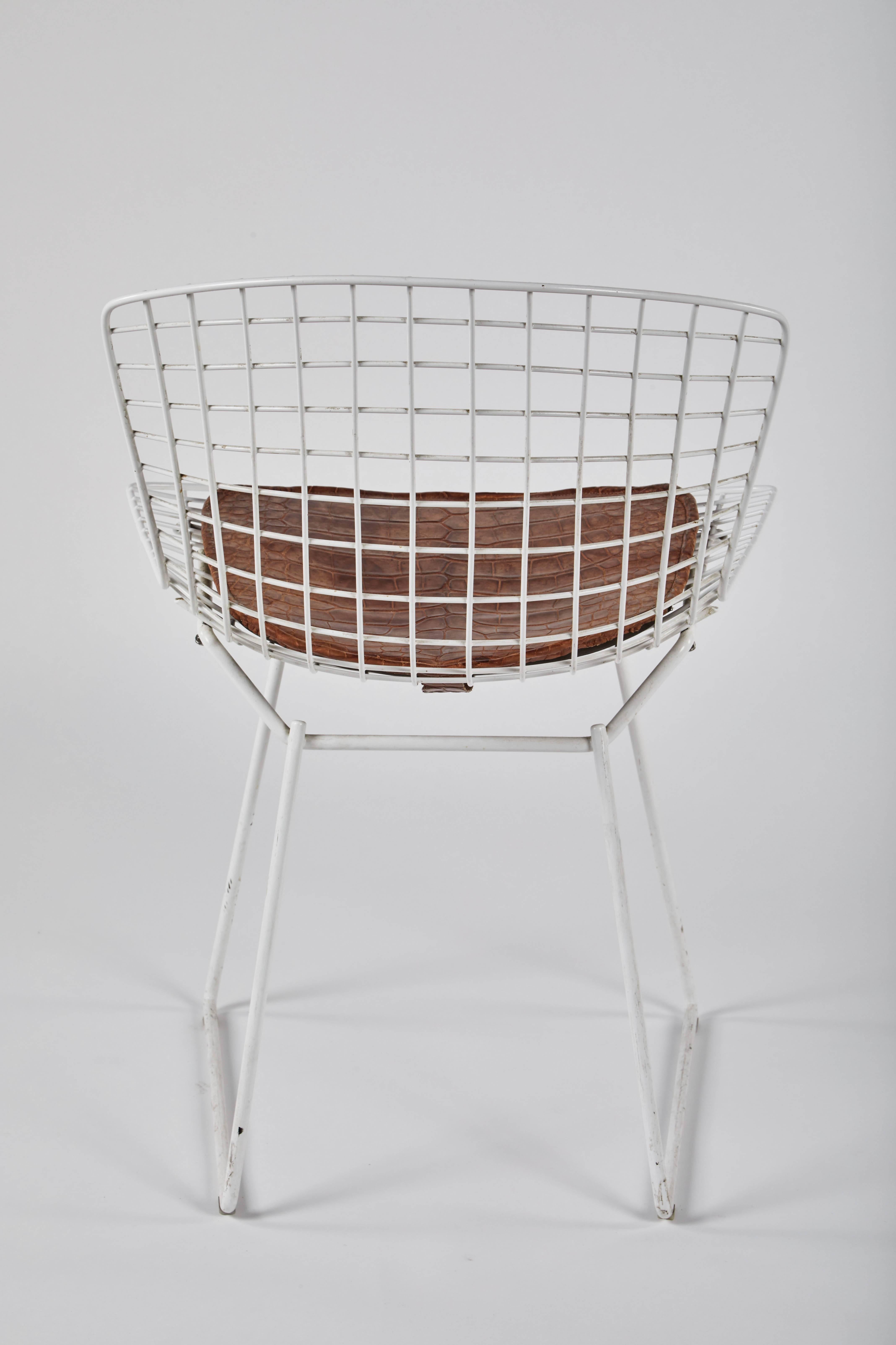 Powder-Coated Vintage Pair of White Bertoia Side Chairs with Alligator Cushions For Sale