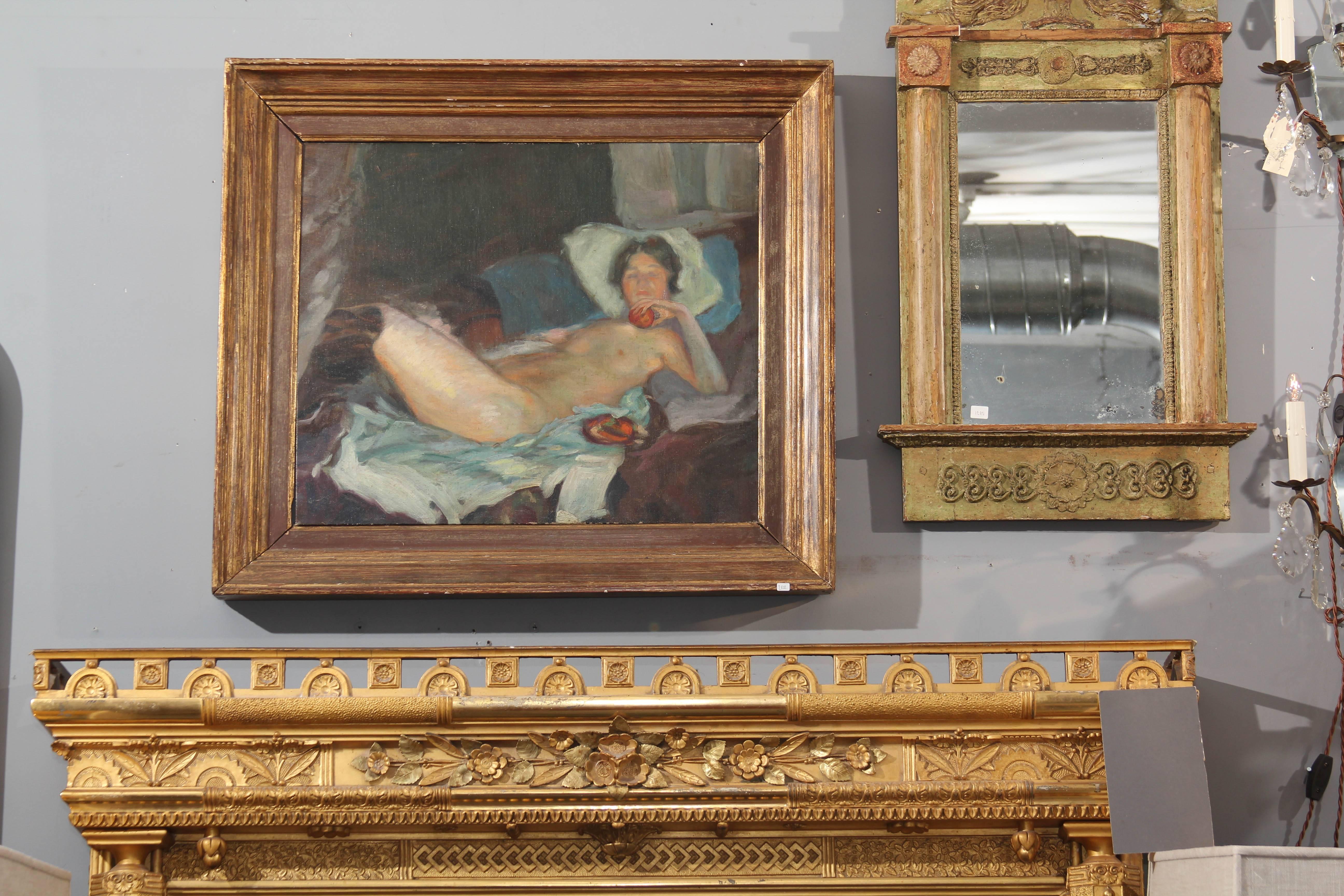 Early 20th century or earlier oil painting of reclining nude. The painting has been cut down and reframed at some point, she is as found in France and is very appealing.