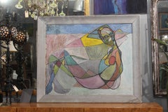 Large Midcentury Abstract in Blue Frame