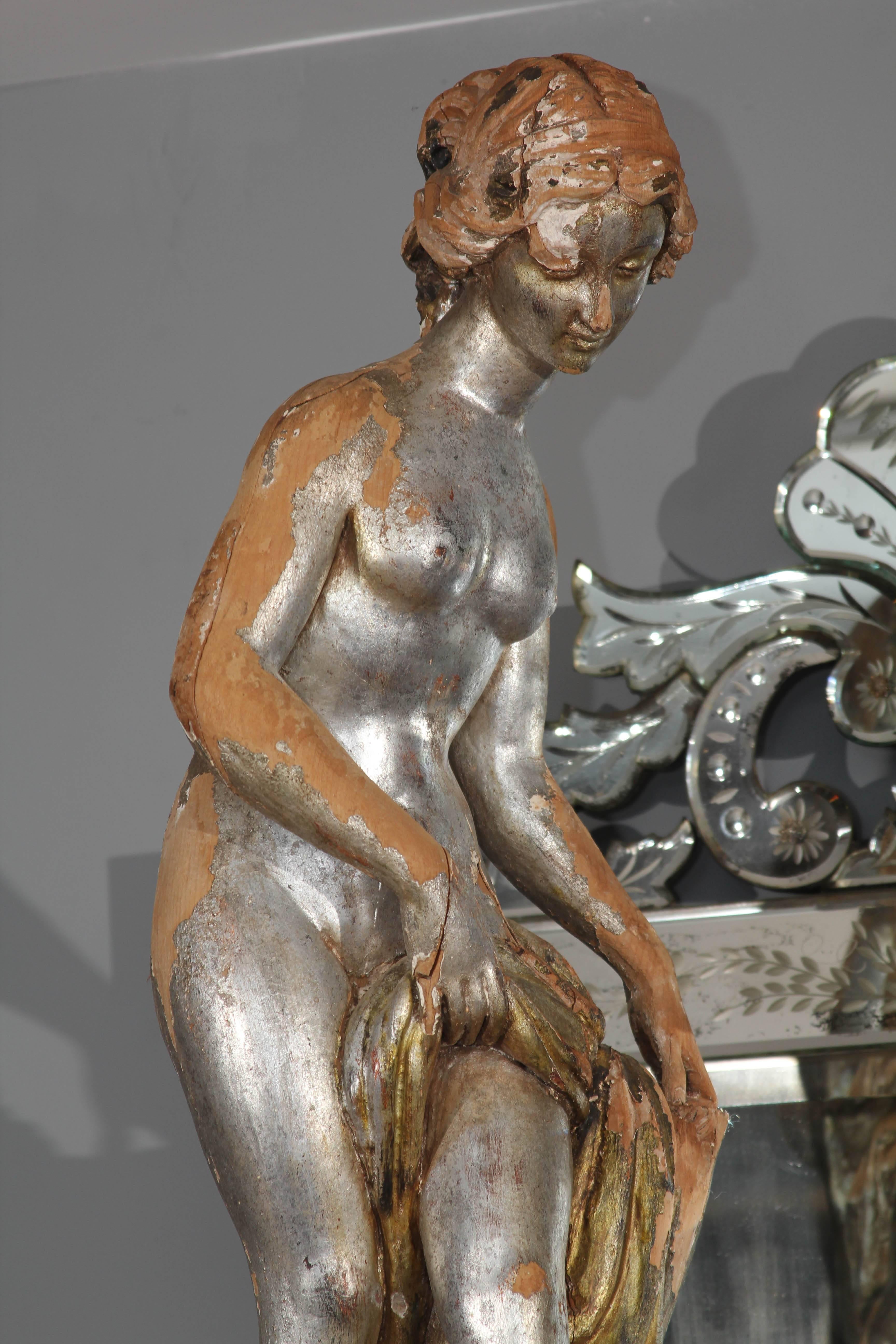 European Carved Wood Female Nude Statue