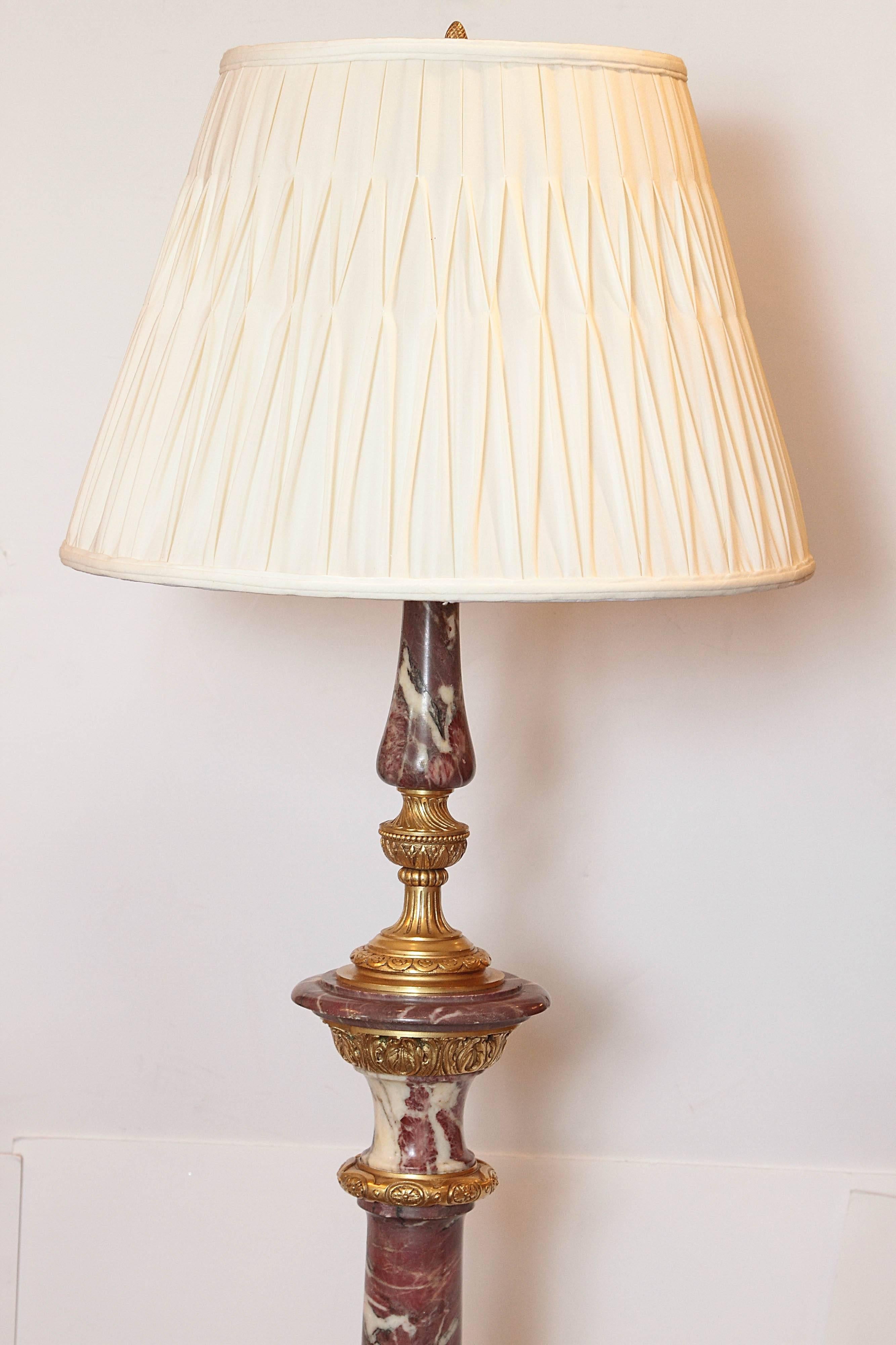 19th century French gilt bronze and marble floor lamp . Fine quality gilt bronze detail.