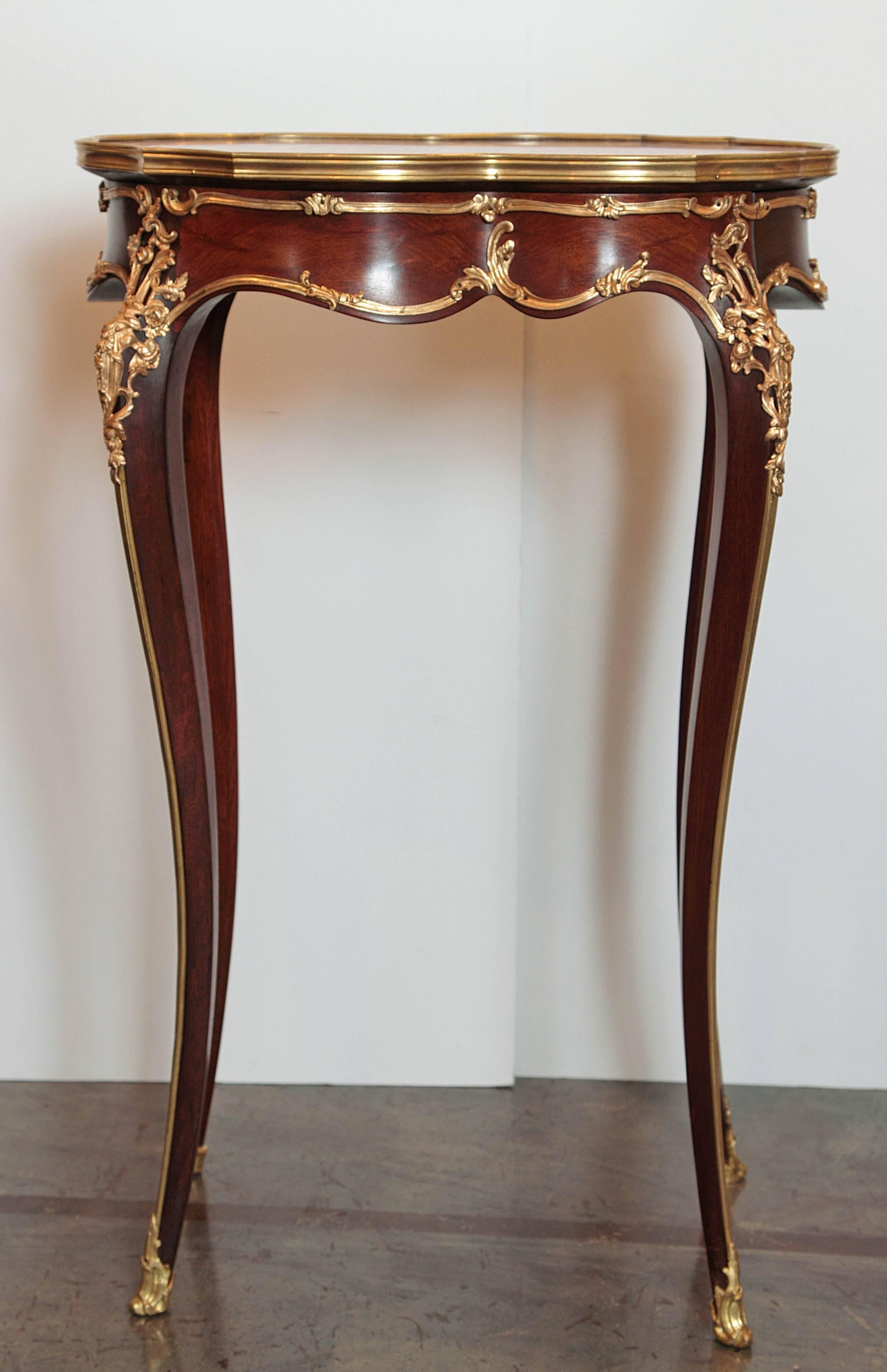 19th century, French, Louis XV mahogany and gilt bronze marble-top side table. Single drawer attributed to François Linke.