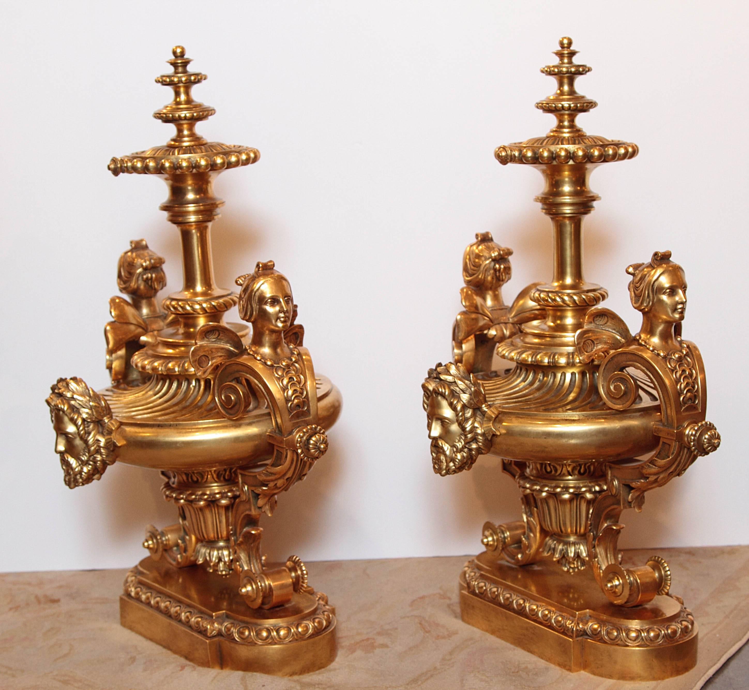 Pair of very fine 19th century French bronze doré andirons. Large and very fine detail.