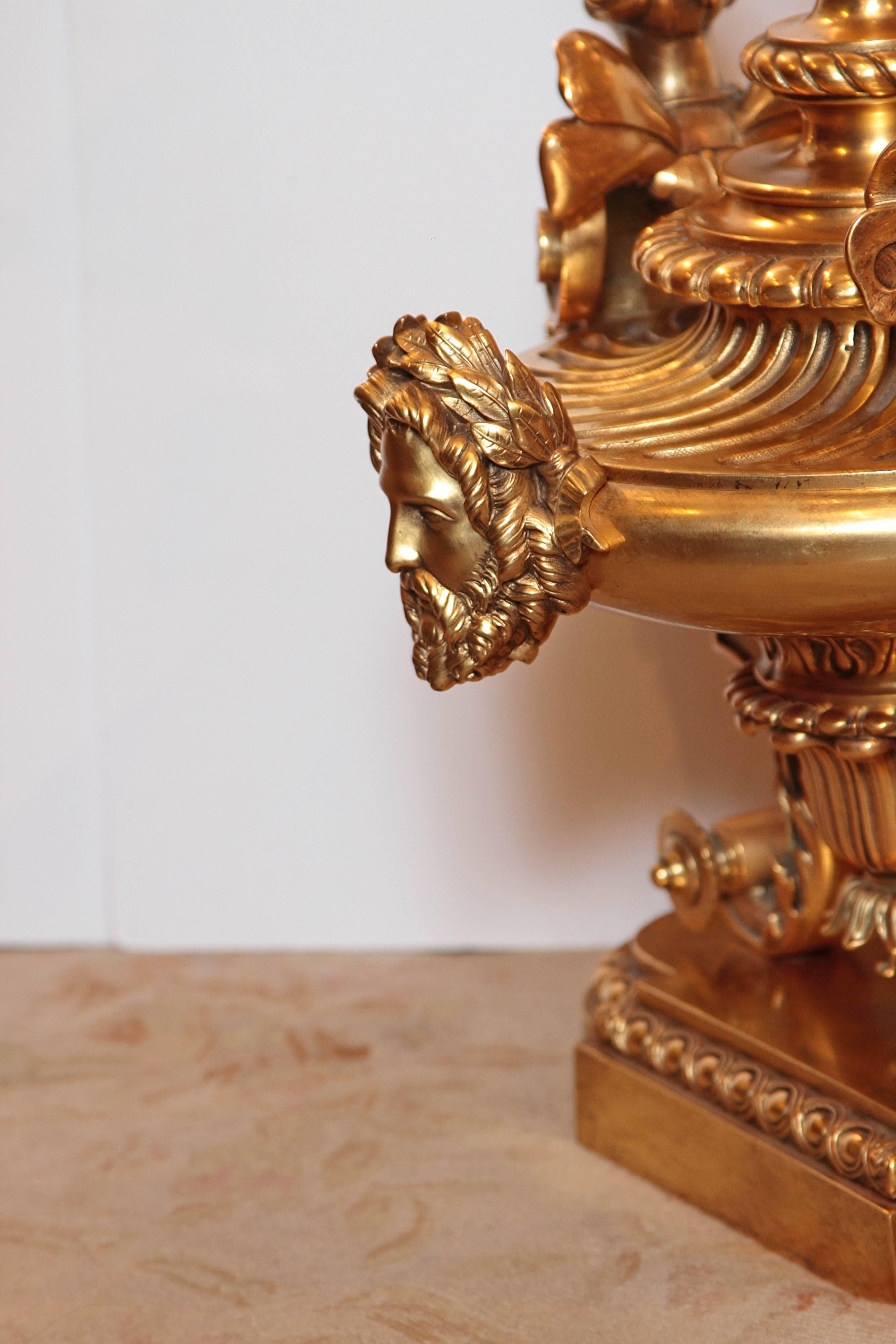 19th Century French Gilt Bronze Monumental Andirons In Excellent Condition In Dallas, TX