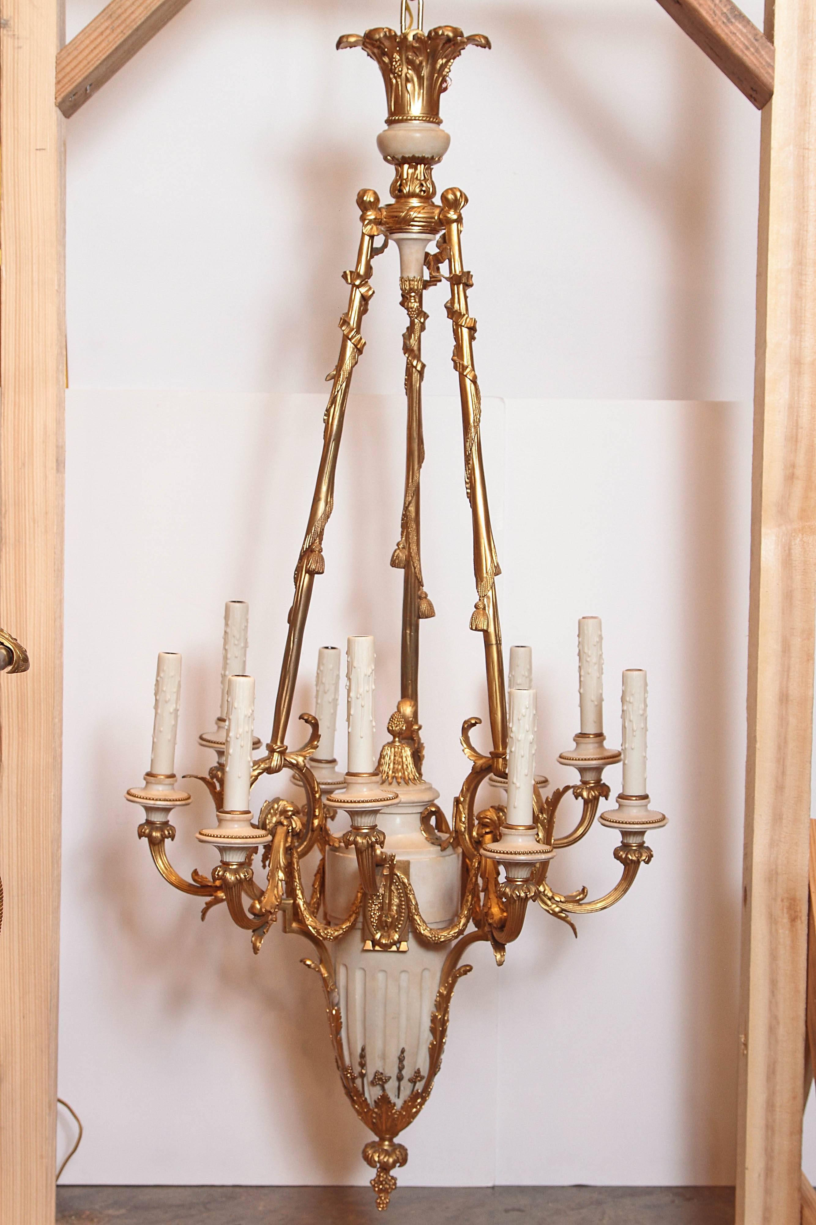 Very fine 19th century French Louis XVI gilt bronze and Cararra marble chandelier.