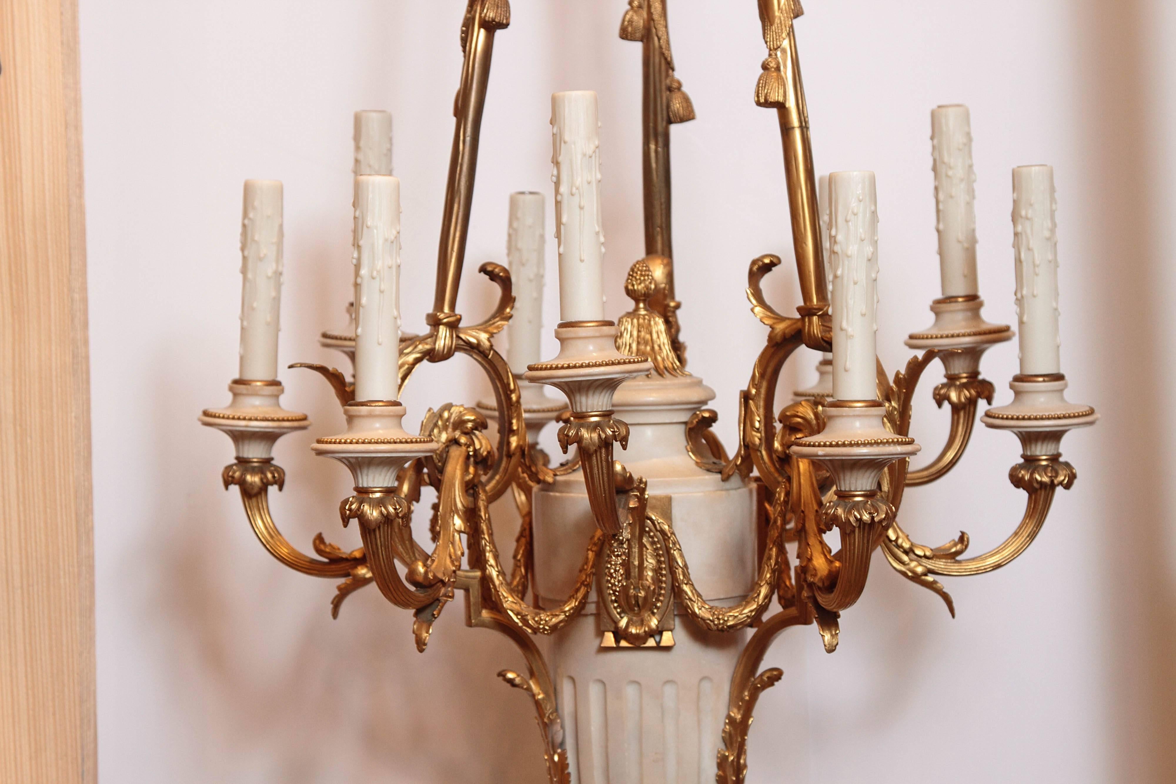 19th Century French Louis XVI Carrara Marble and Gilt Bronze Chandelier In Excellent Condition In Dallas, TX