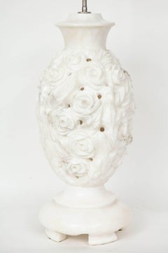 Large Italian Hand-Carved Alabaster Floral Lamps