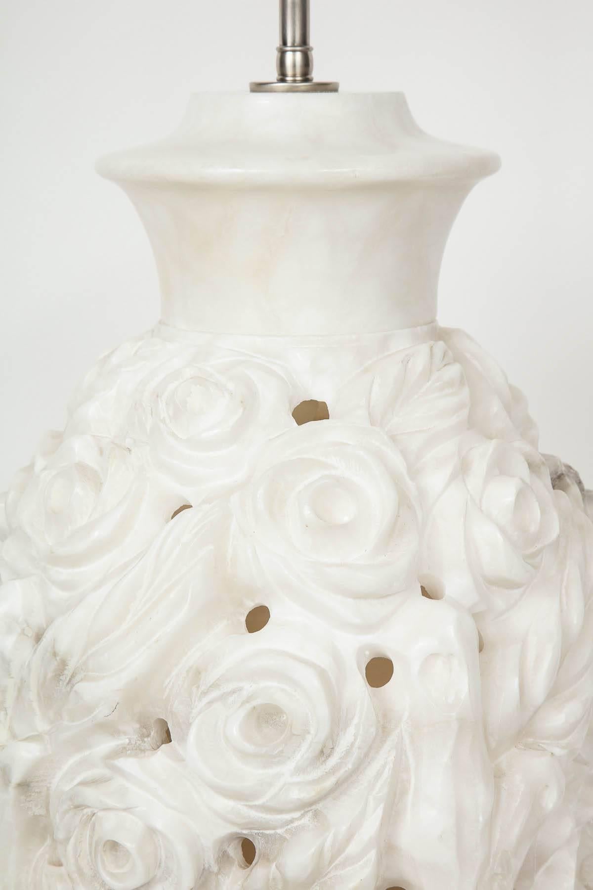 Hollywood Regency Large Italian Hand-Carved Alabaster Floral Lamps
