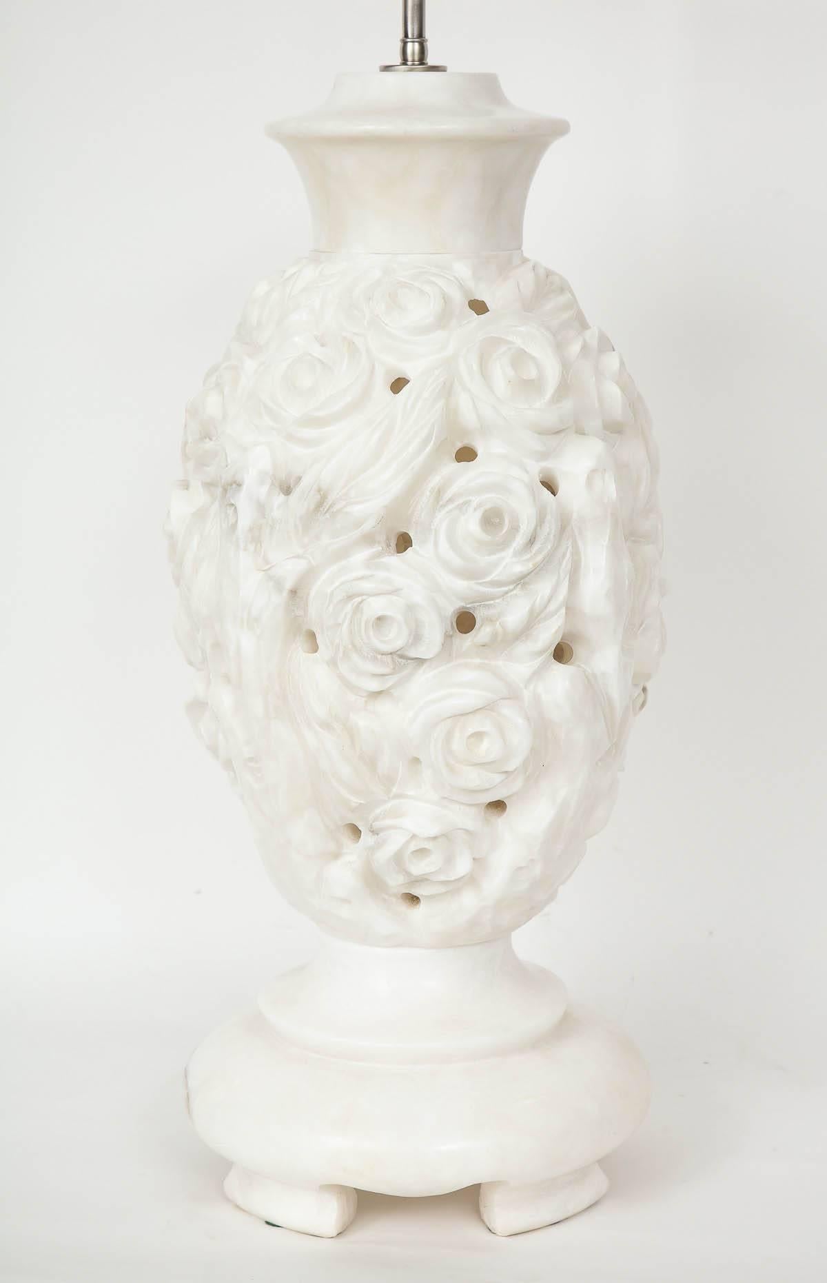 20th Century Large Italian Hand-Carved Alabaster Floral Lamps For Sale