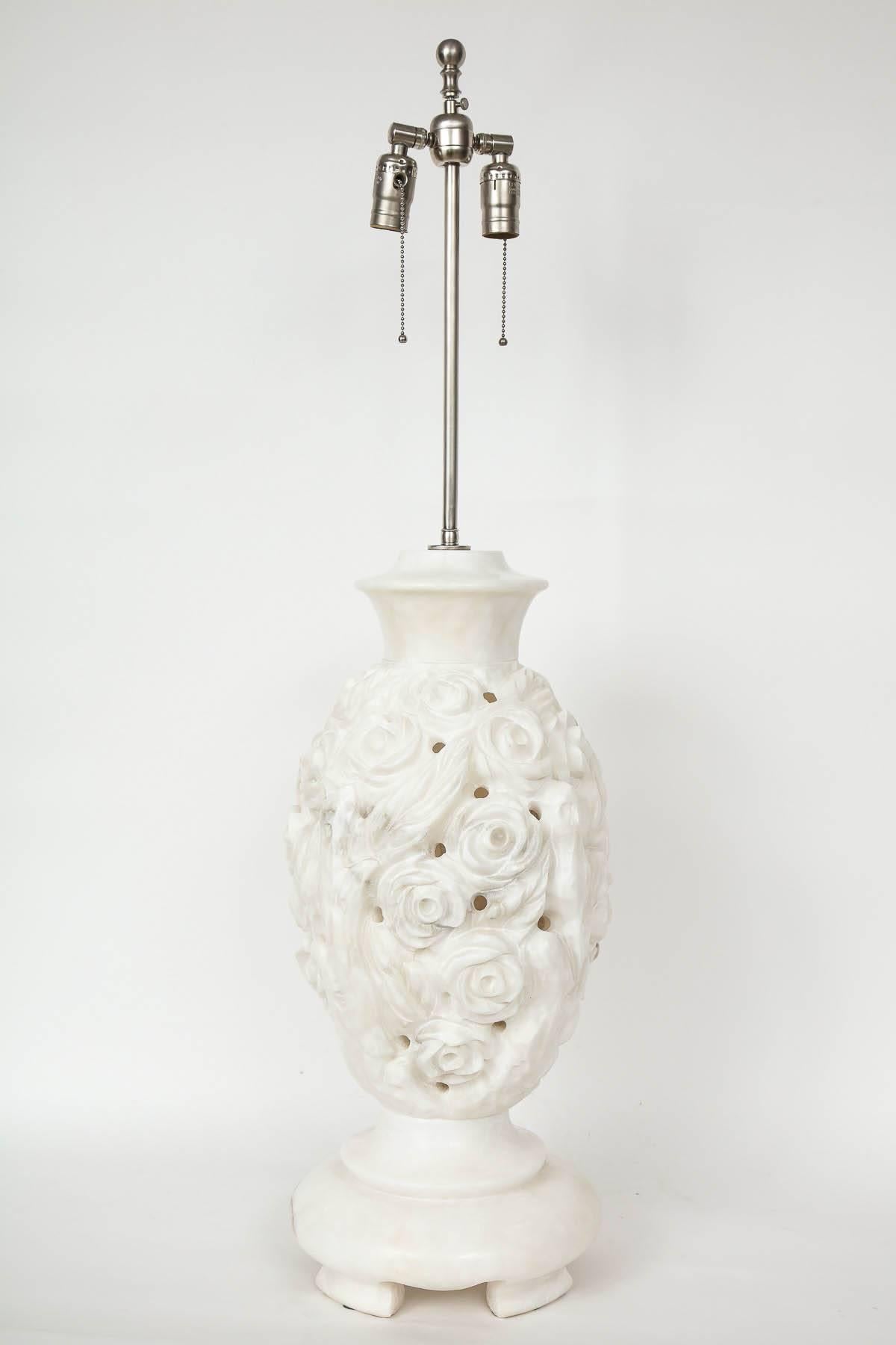 Marble Large Italian Hand-Carved Alabaster Floral Lamps For Sale