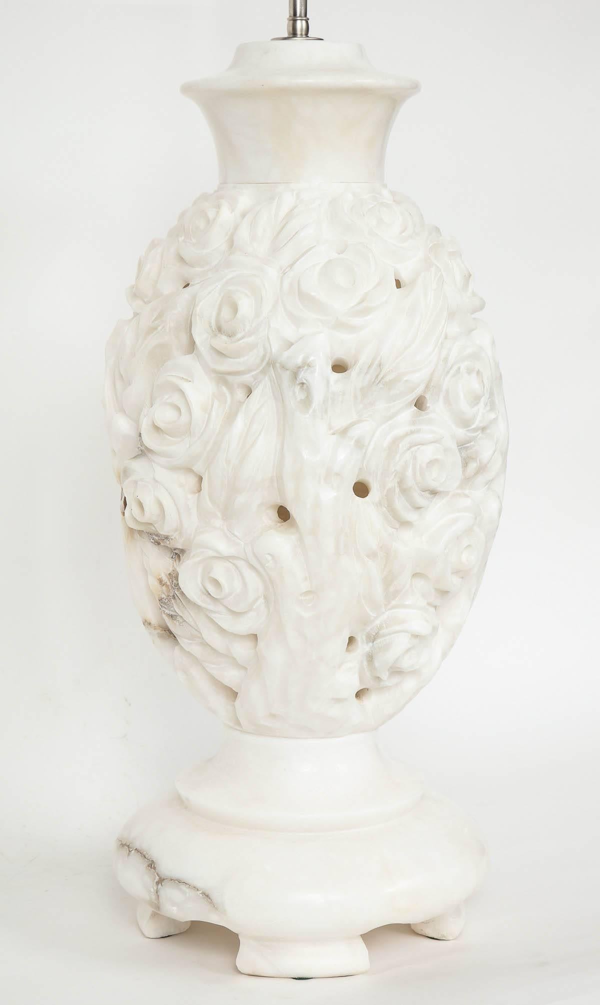 Large Italian Hand-Carved Alabaster Floral Lamps For Sale 4