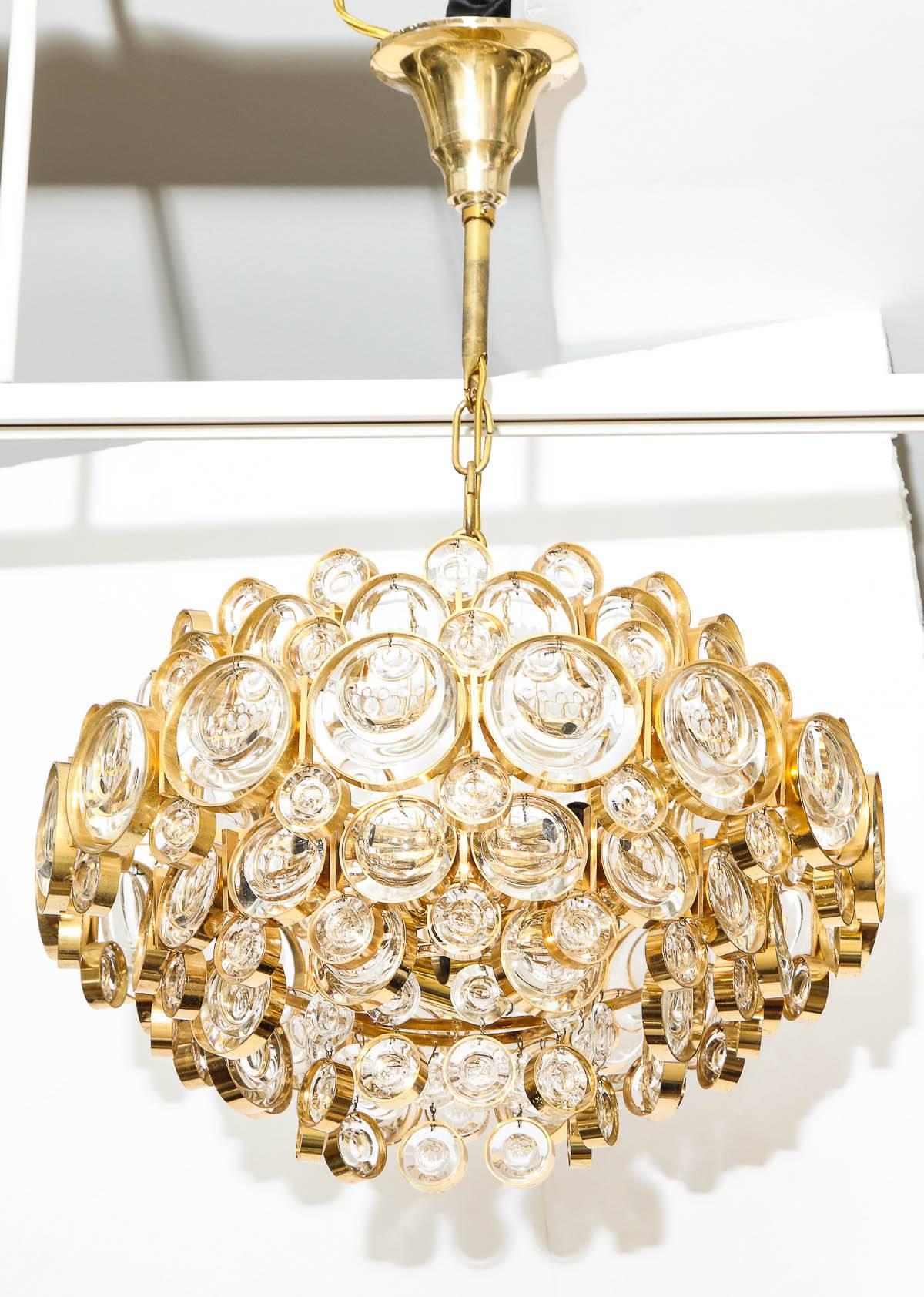 Palwa Gilt Brass Optic Glass Chandelier In Excellent Condition In New York, NY