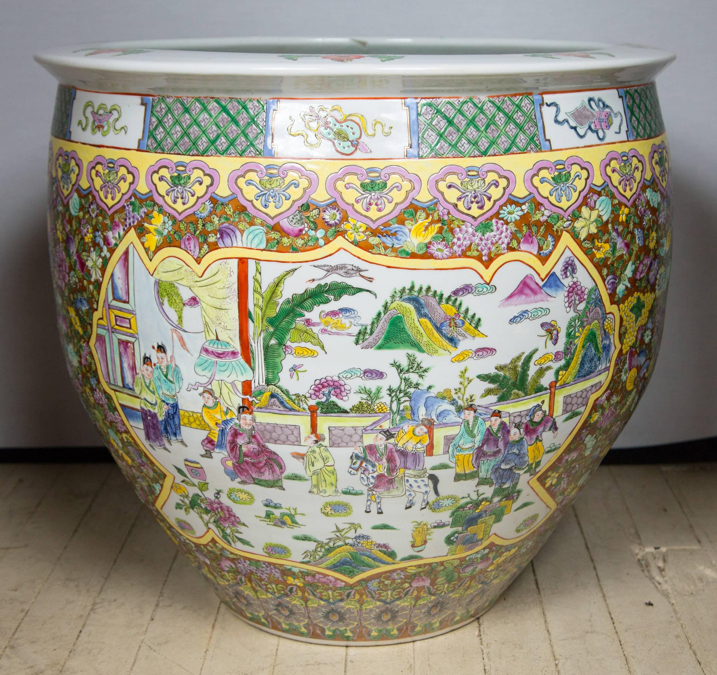 Each decorated with cartouches of garden and court scenes. The interior decorated with fish.
Dark red printed mark on bottom.
Bottom measures 11.5 in diameter
Can be purchased singly.
