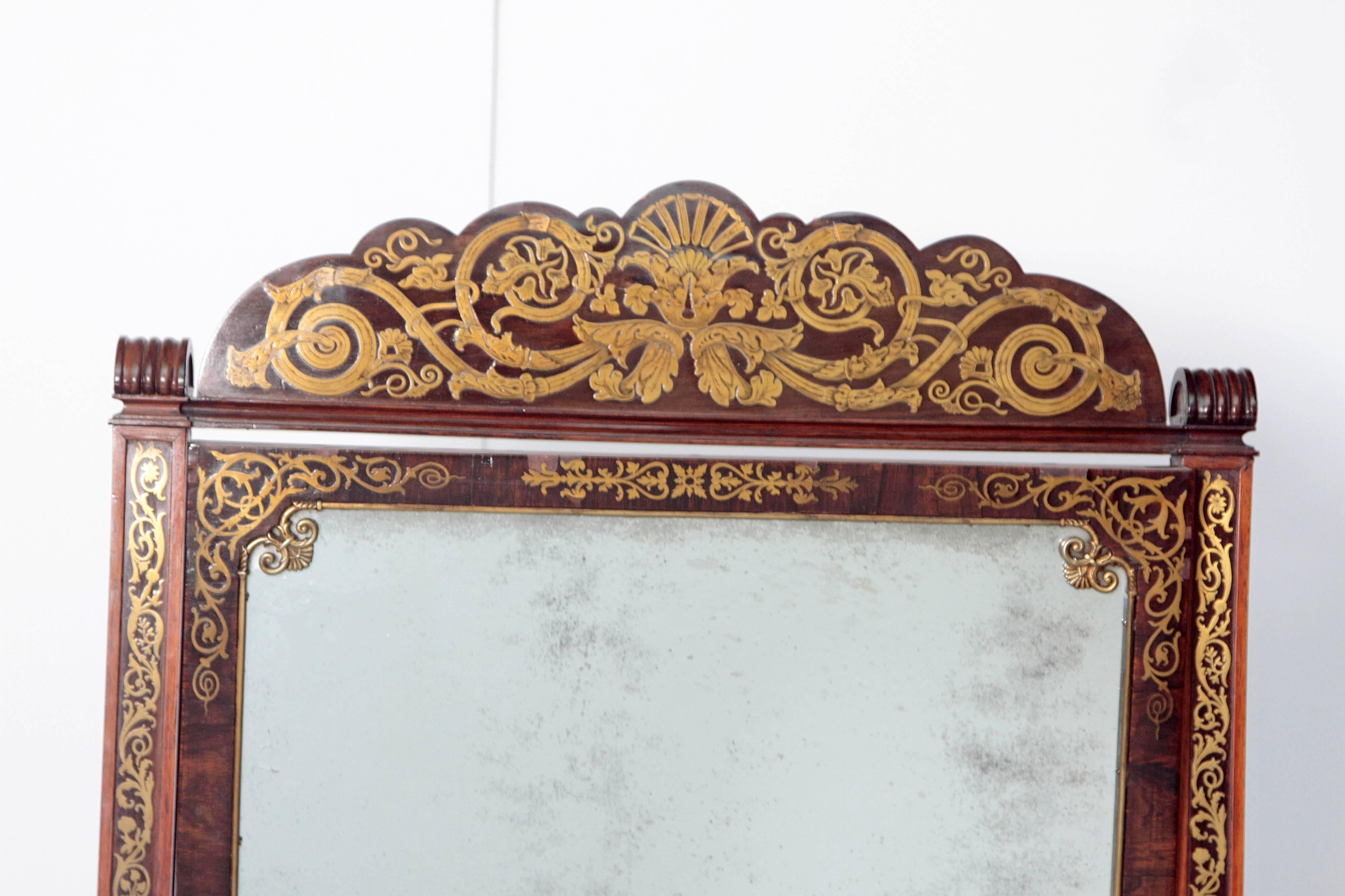 English 19th Century Regency Rosewood Brass Inlay Boulle Work Cheval Mirror For Sale
