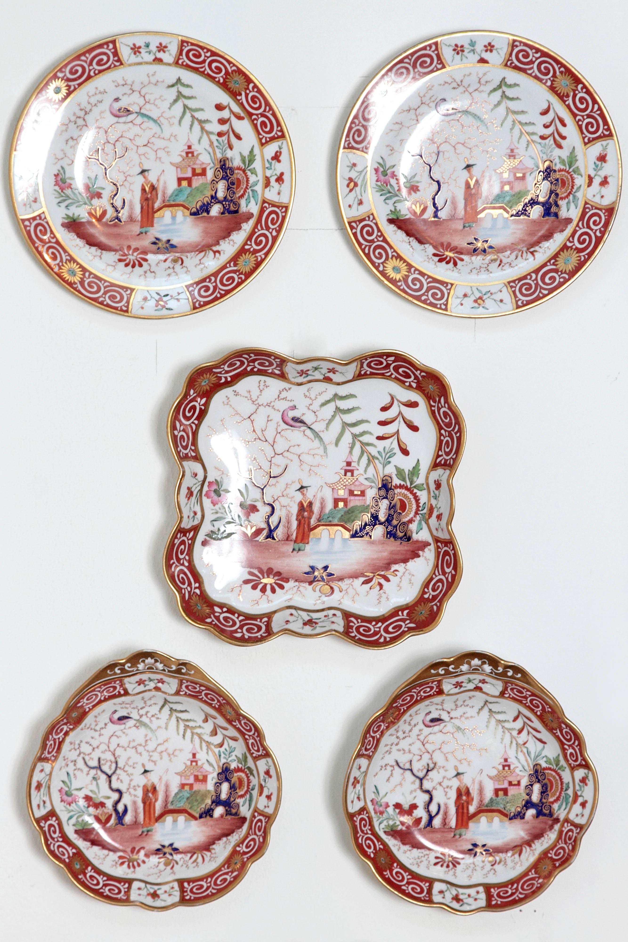 A Chamberlain's Worchester, Flight, Barr and Barr English porcelain 24-piece dessert service with chinoiserie pattern, primarily red and gold on white. Impressed mark for Flight, Barr, and Barr, 1813-1840

Measures: Three square cake plates- 8.25