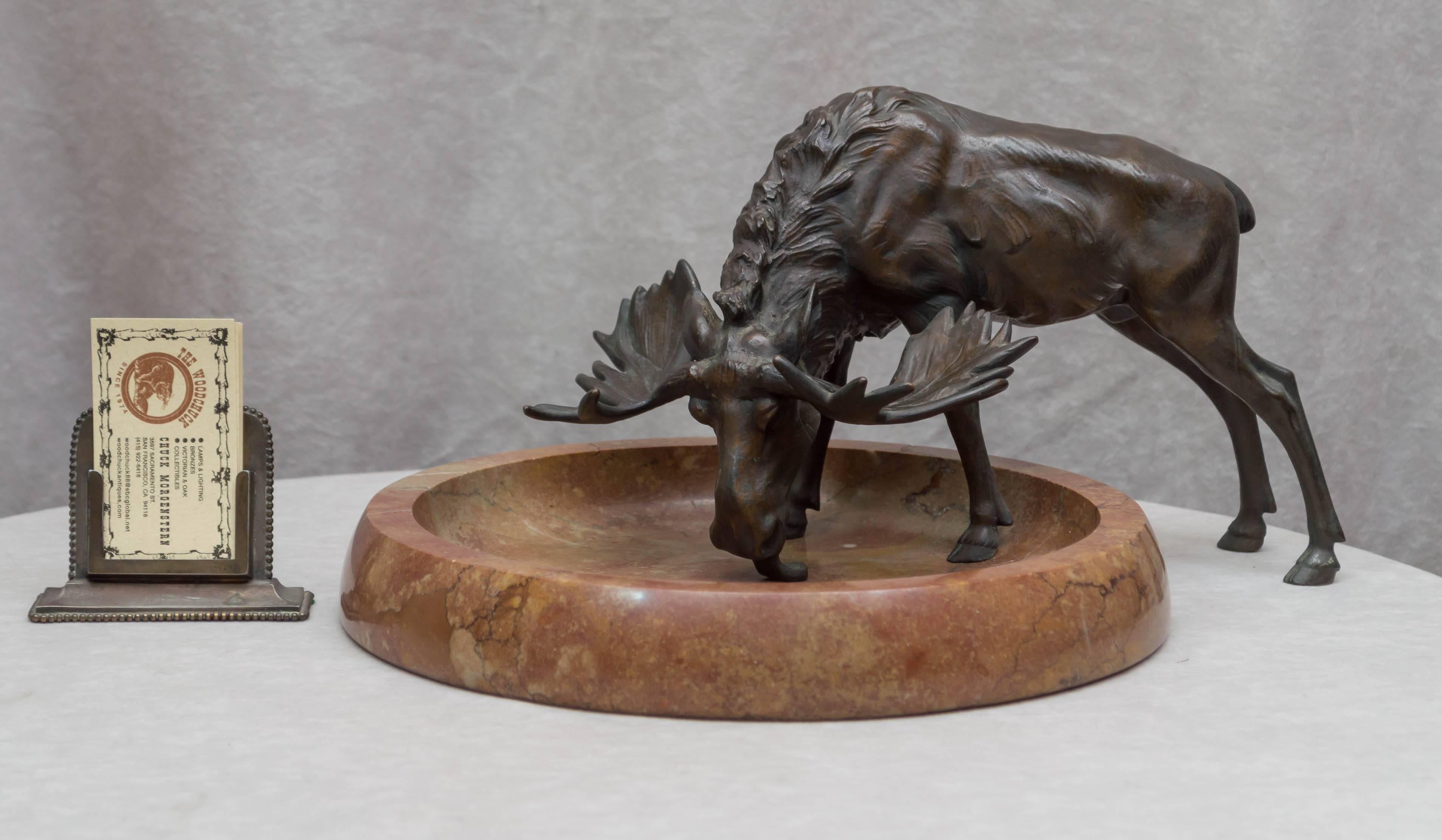 This whimsical and detailed bronze figure of a moose is a joy to behold. With the moose standing outside the marble dish, and licking the area, make this very special. His ponderous antlers just add to the enjoyment of this bronze. Marked 