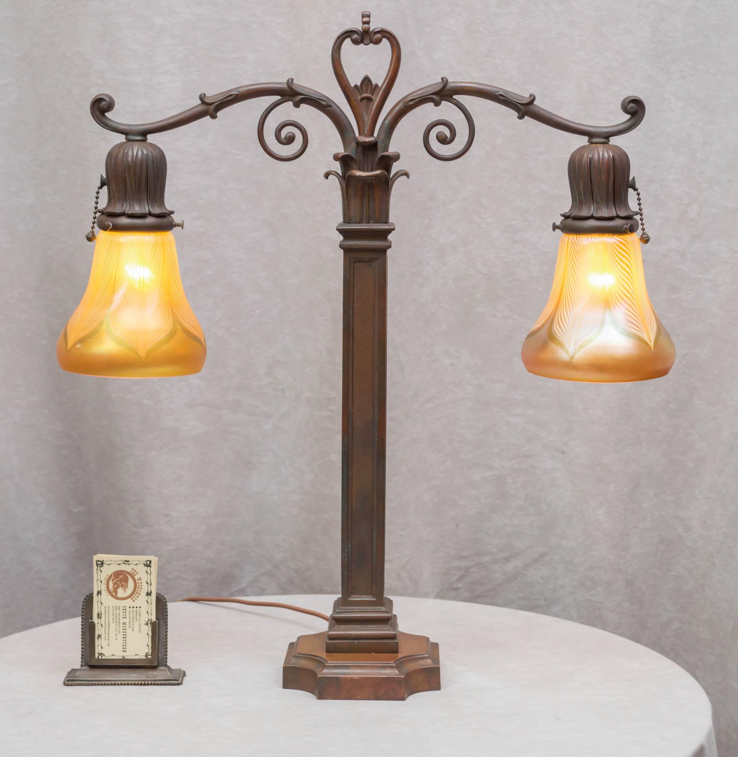 This lamp is done in the highest quality workmanship. The casting and patina are first rate. There is a weight on the bottom so while it looks like it could fall over easily, it won't. We bought this without glass and put two of our best period art