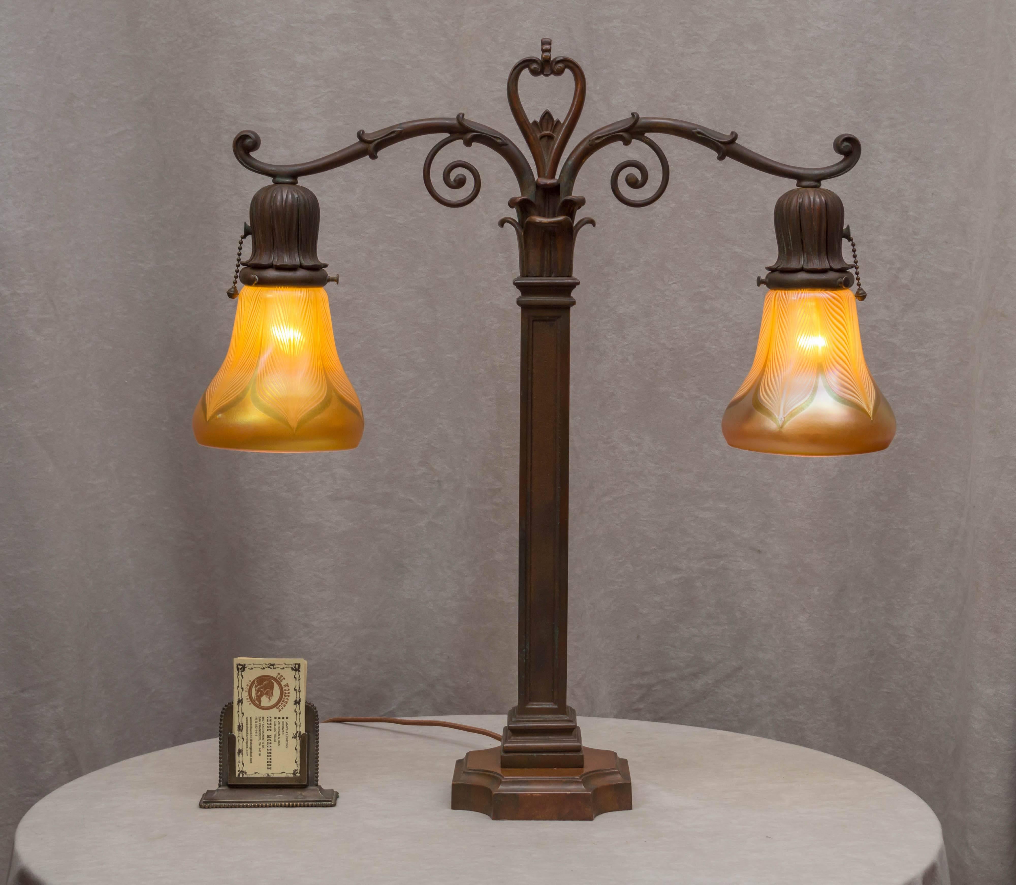 Edwardian Bronze and Art Glass Two-Arm Desk Lamp