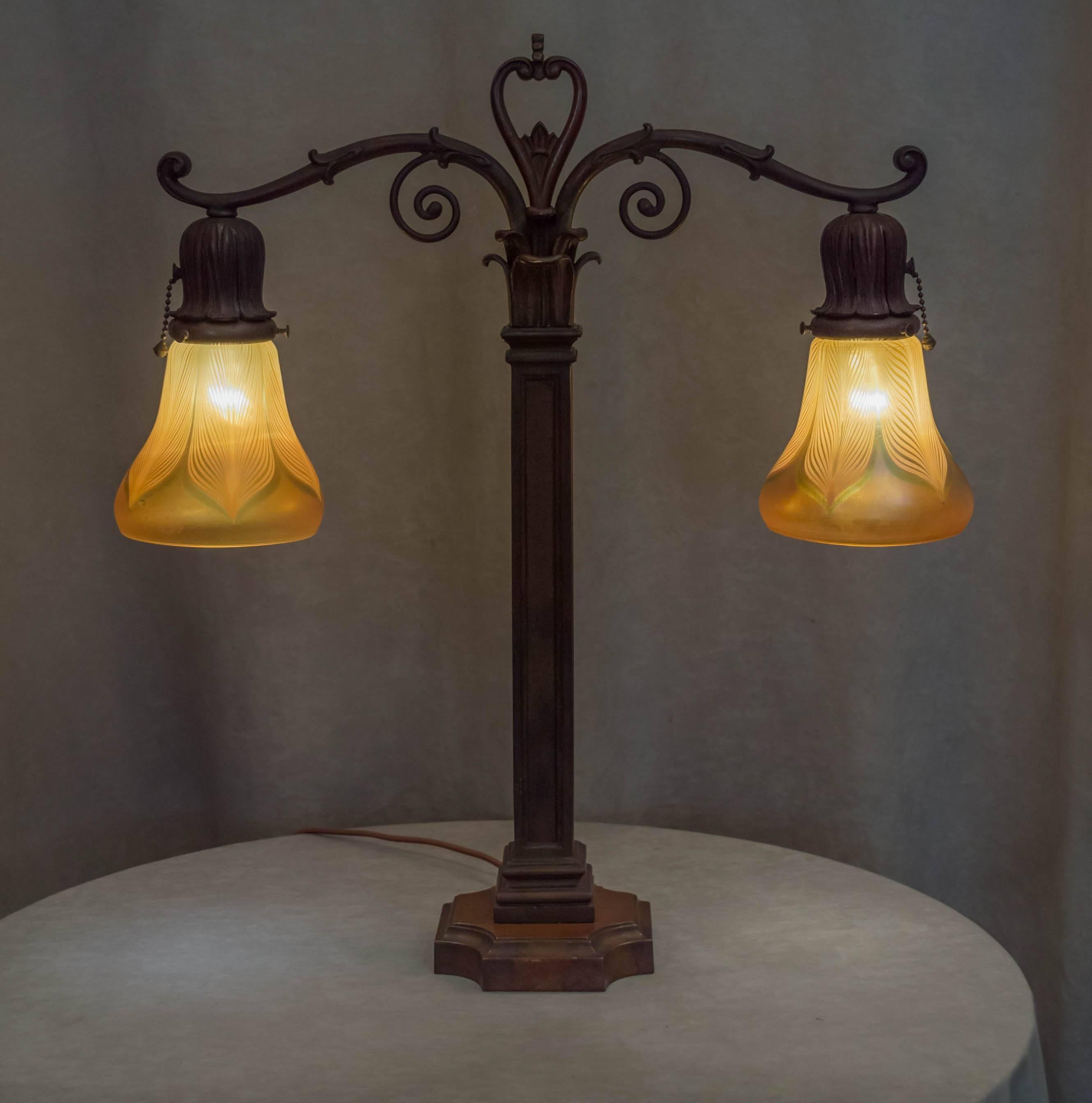 American Bronze and Art Glass Two-Arm Desk Lamp