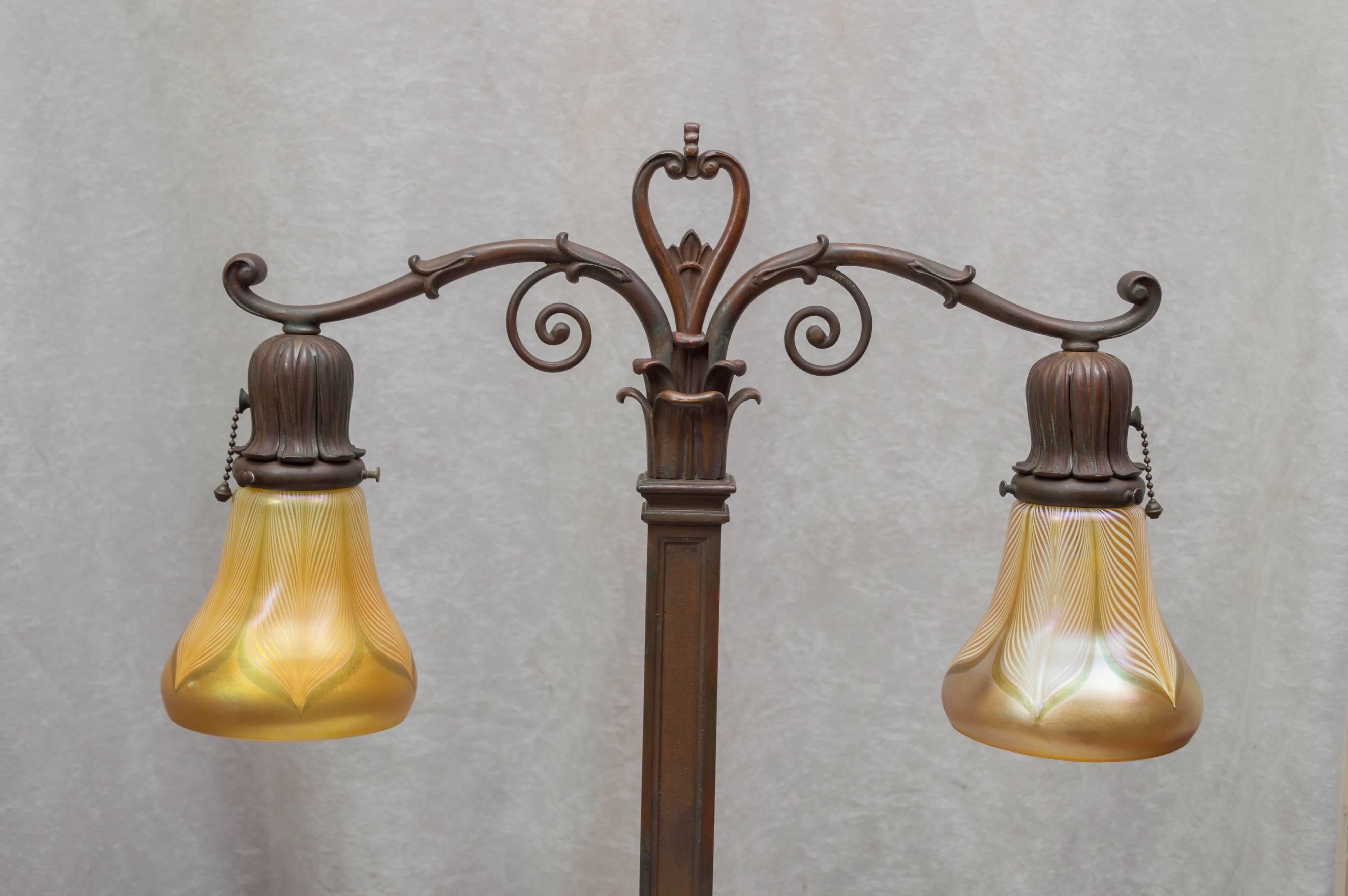 20th Century Bronze and Art Glass Two-Arm Desk Lamp
