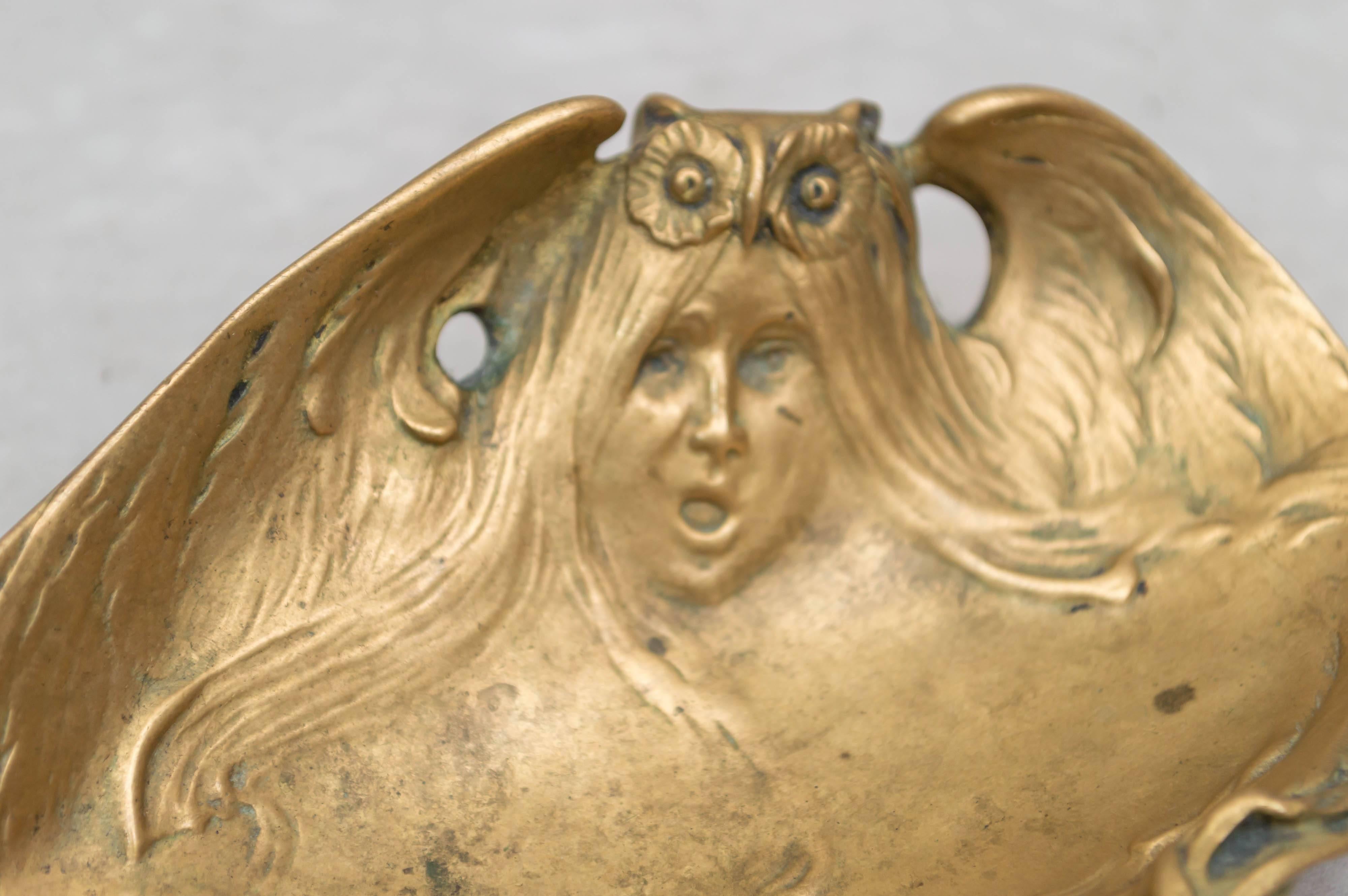Early 20th Century French Art Nouveau Vide Poche Tray with Women, Owl and Critter
