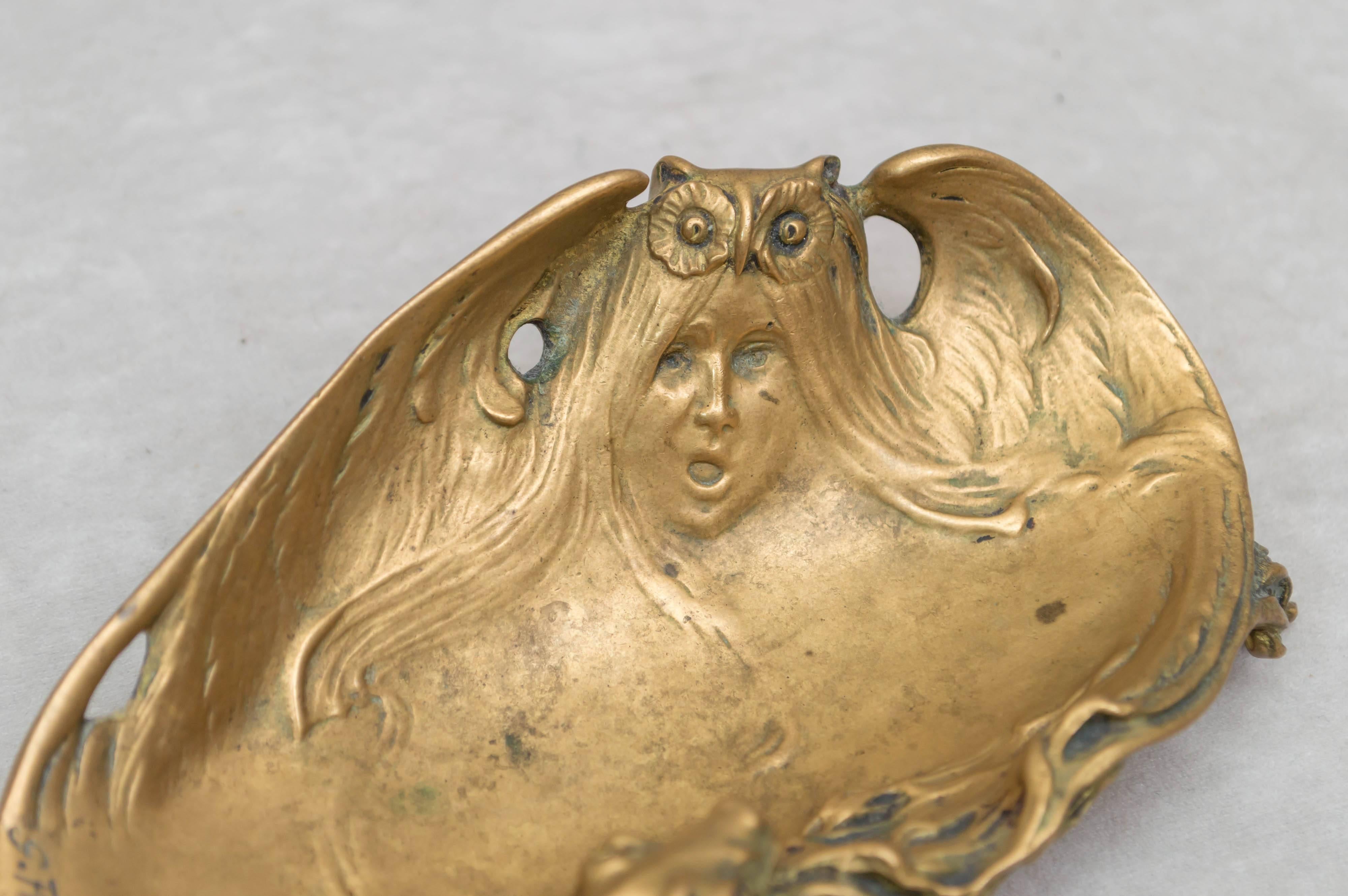 Bronze French Art Nouveau Vide Poche Tray with Women, Owl and Critter