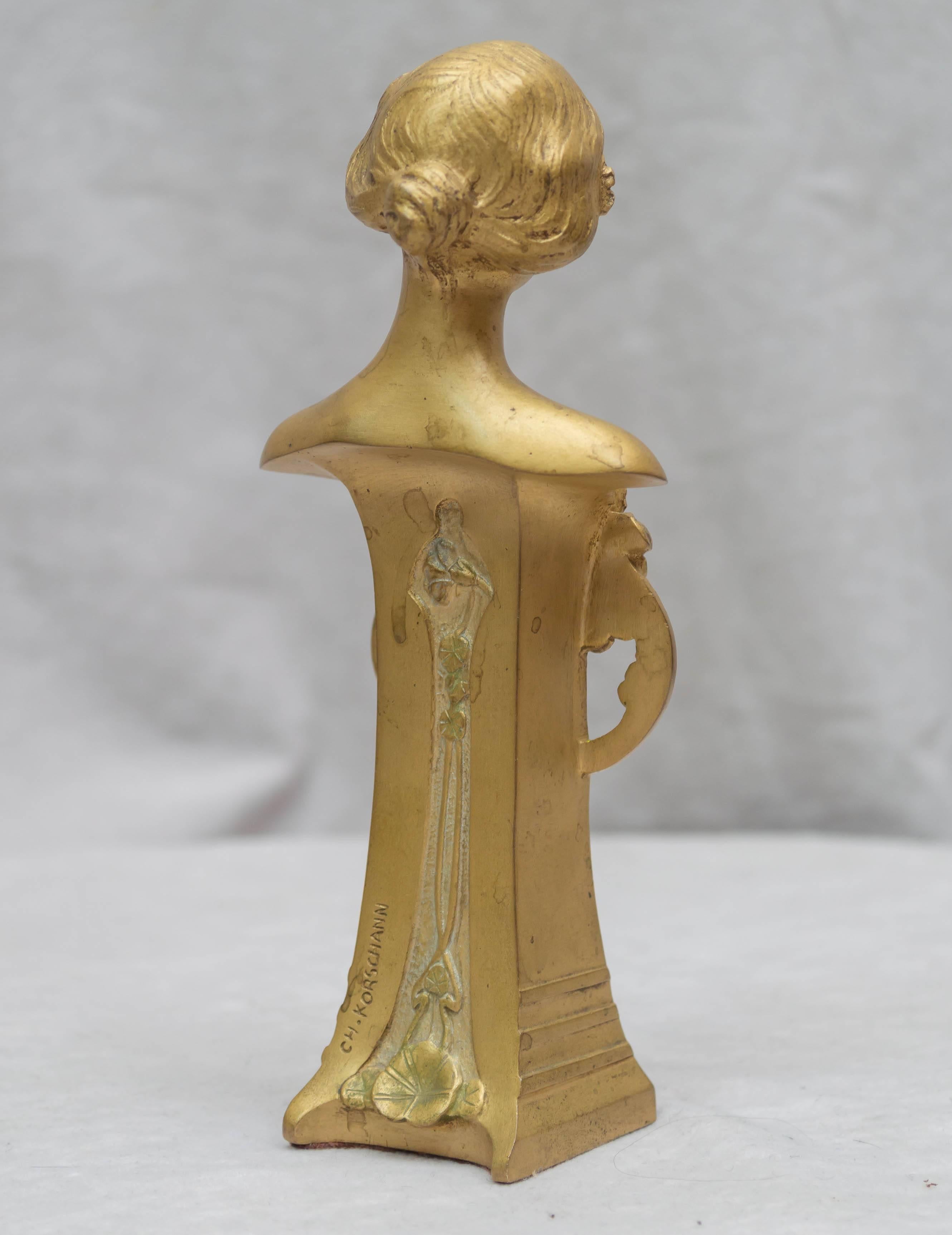 Art Nouveau/ Vienna Secessionist Gilt Bronze Bust, Charles Korschann In Excellent Condition In Petaluma, CA