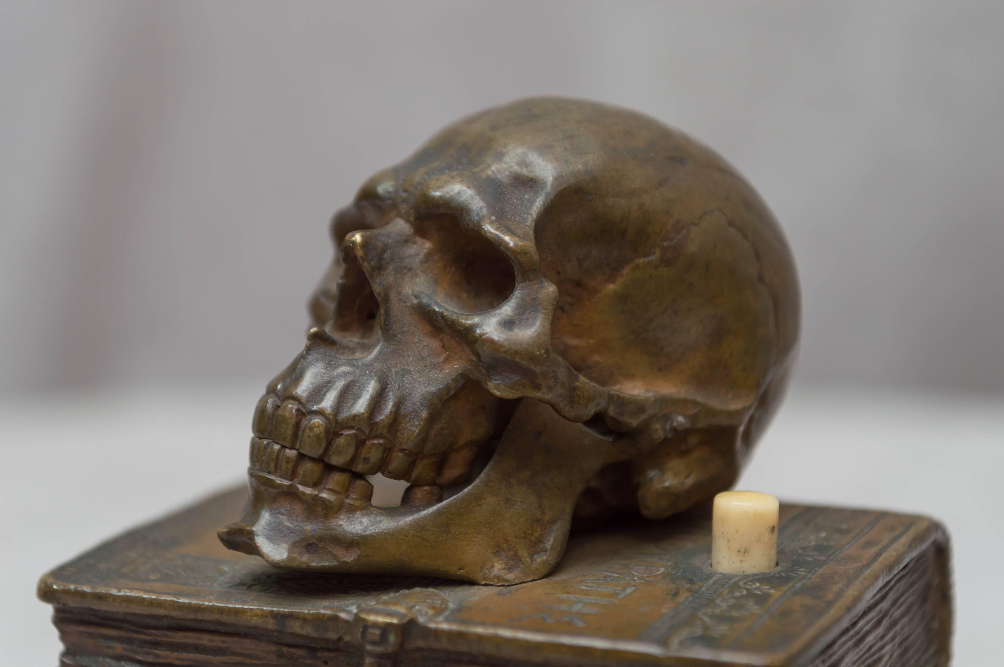 Cast Vienna Bronze Skull on Books, Bell Push