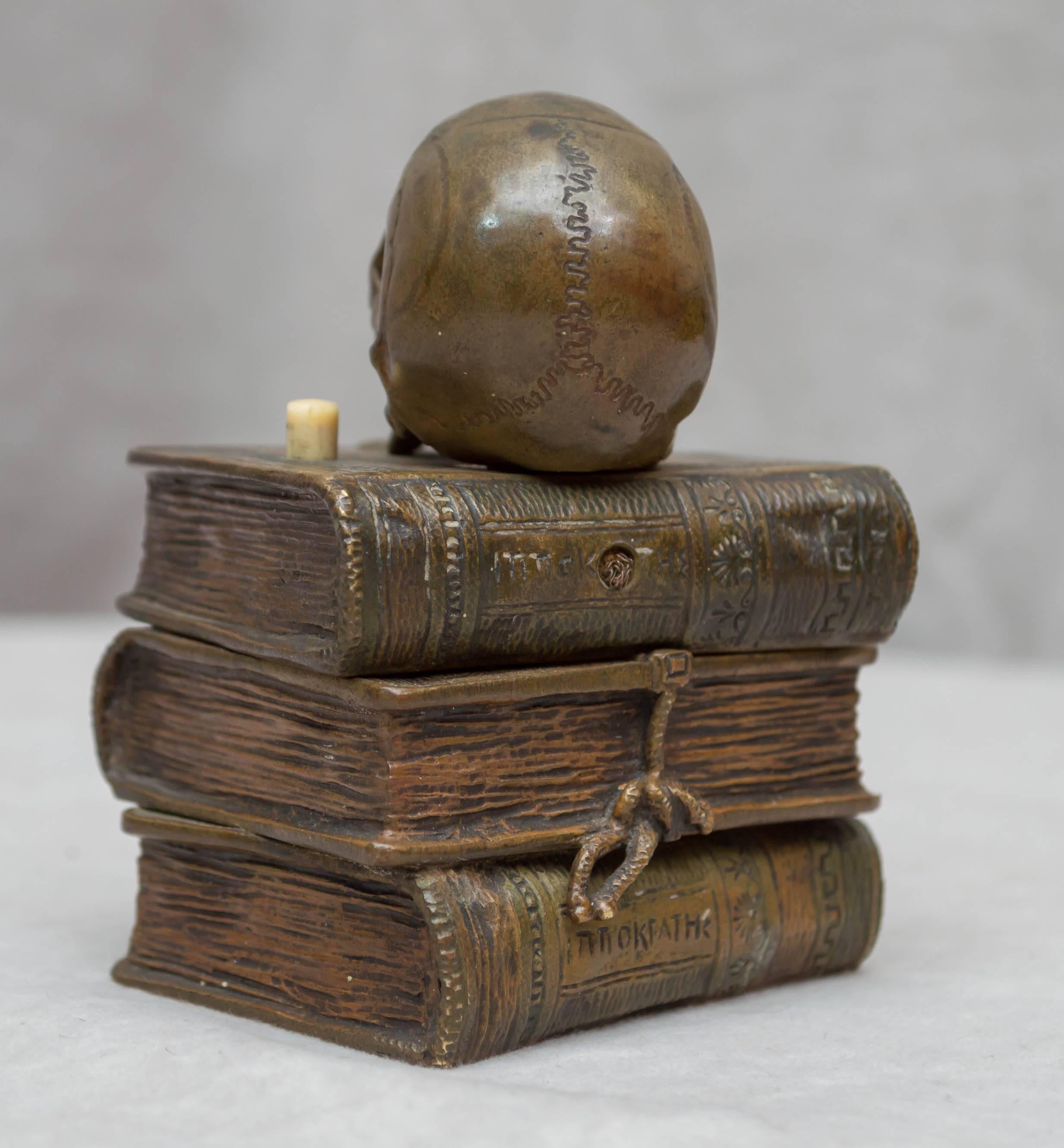 Vienna Bronze Skull on Books, Bell Push In Excellent Condition In Petaluma, CA