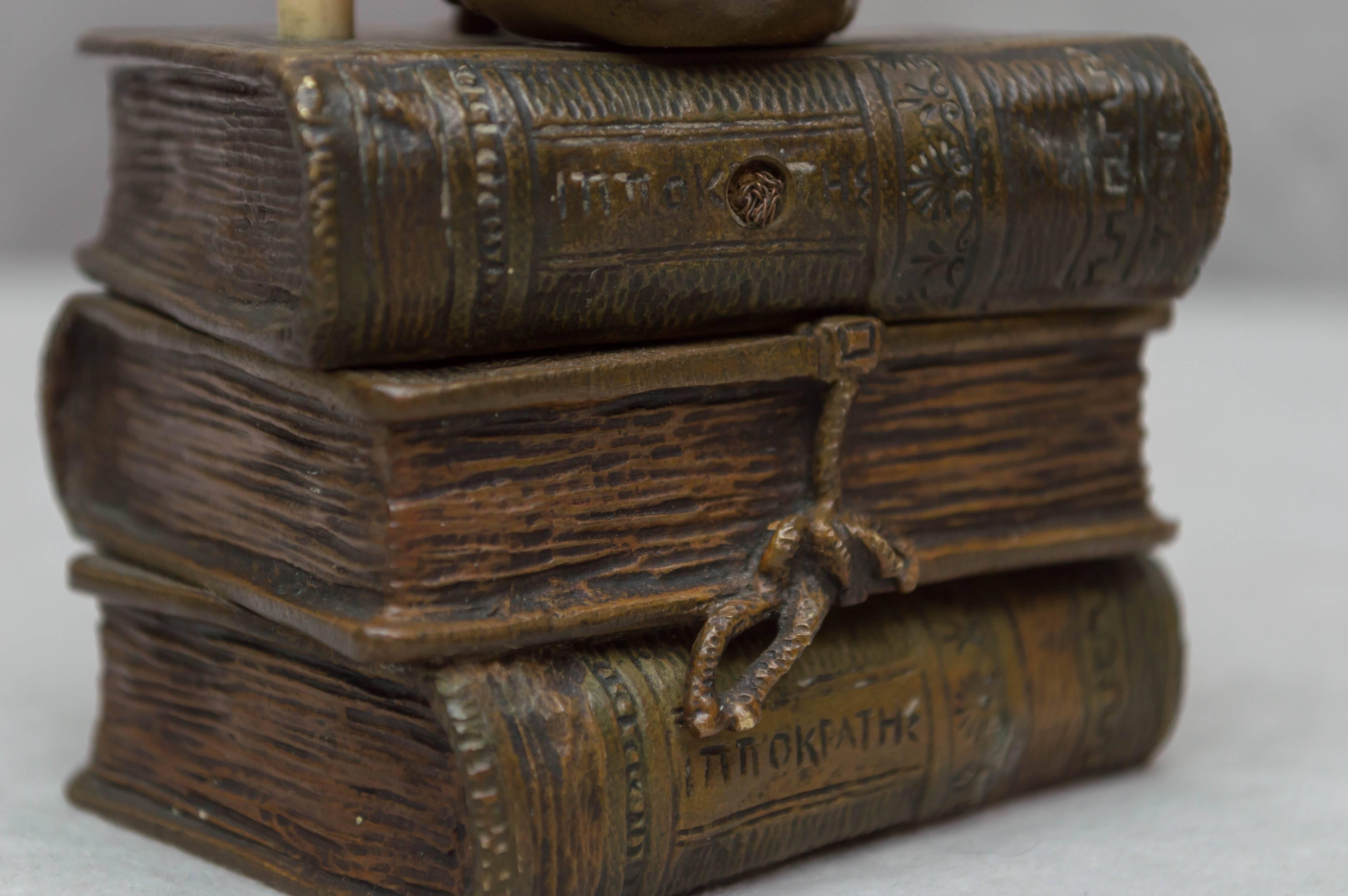 Early 20th Century Vienna Bronze Skull on Books, Bell Push