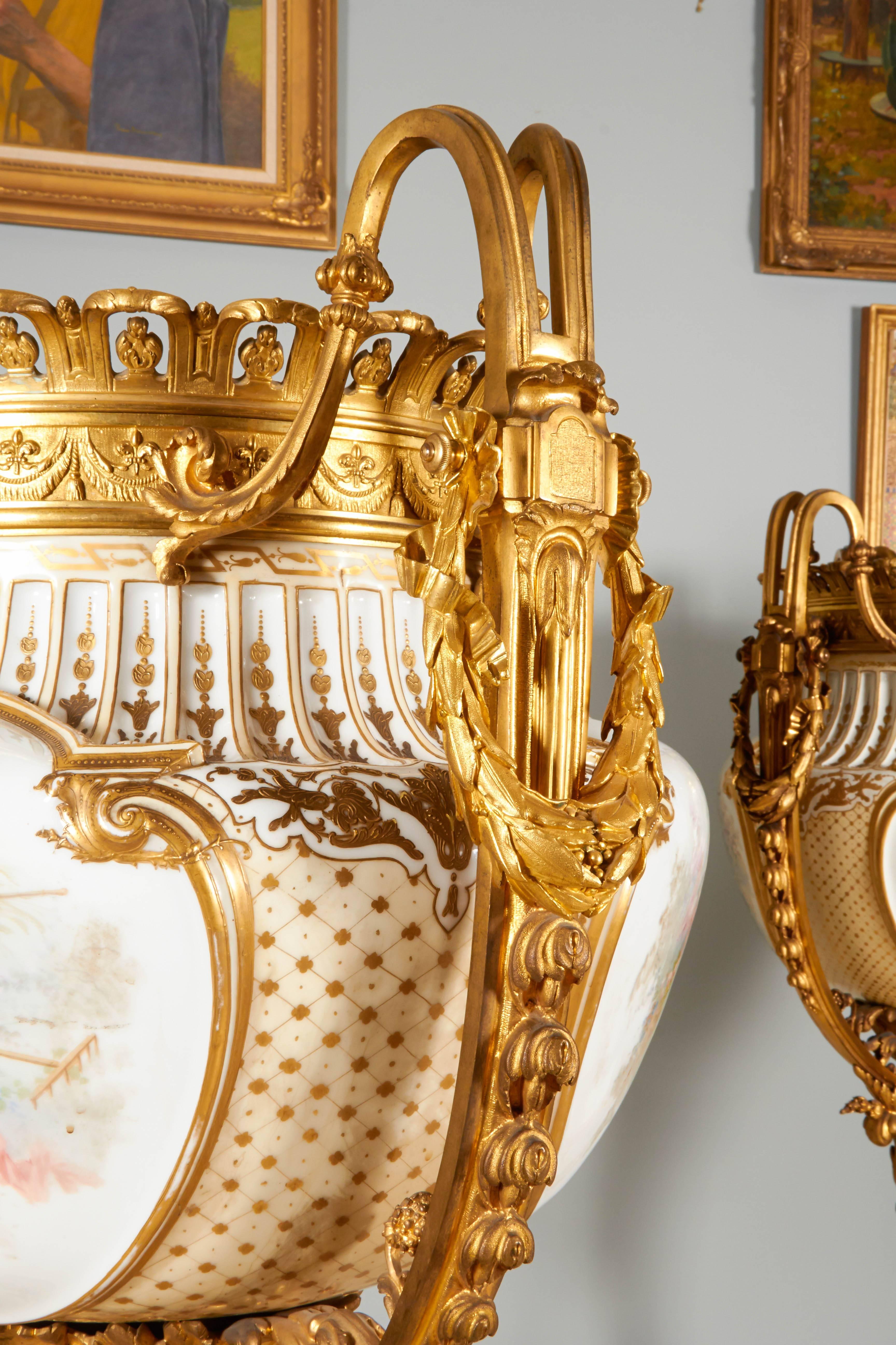19th Century Important and Palatial Pair of Ormolu and Sèvres Style Porcelain Jardinieres