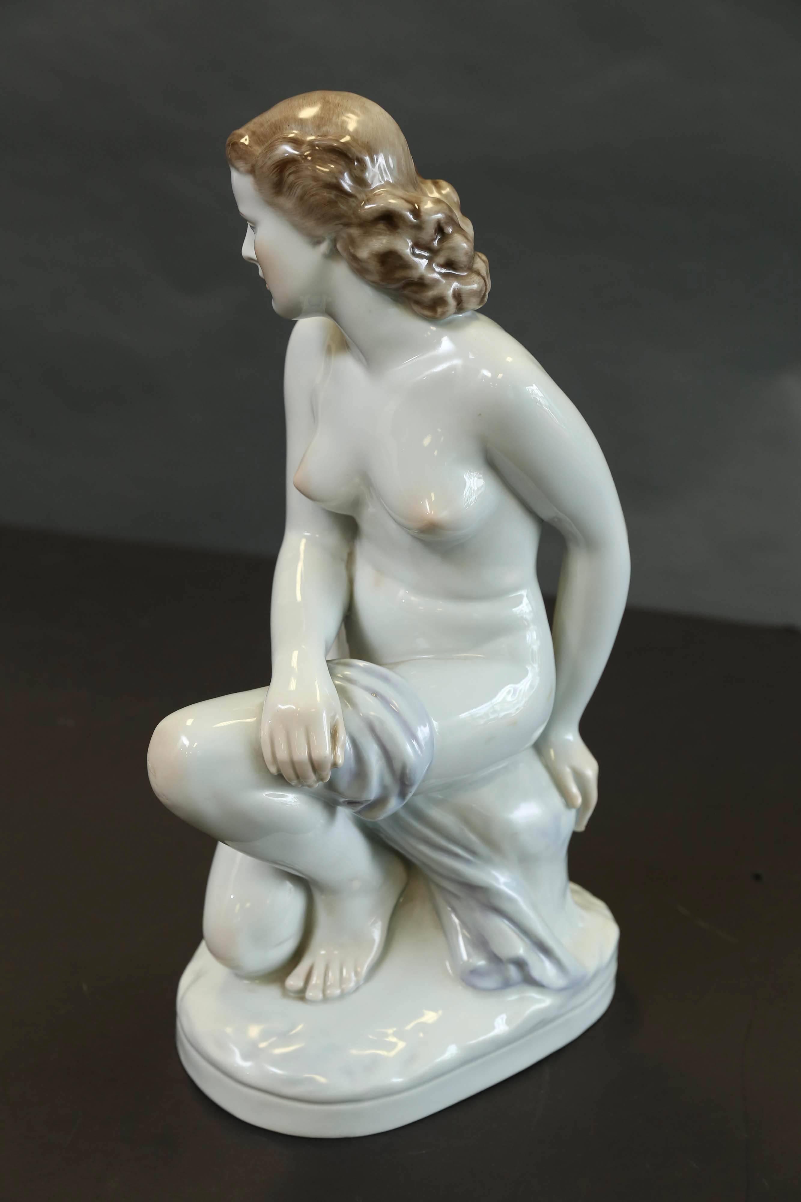 Hungarian Herend Nude Sitting Female Figure For Sale