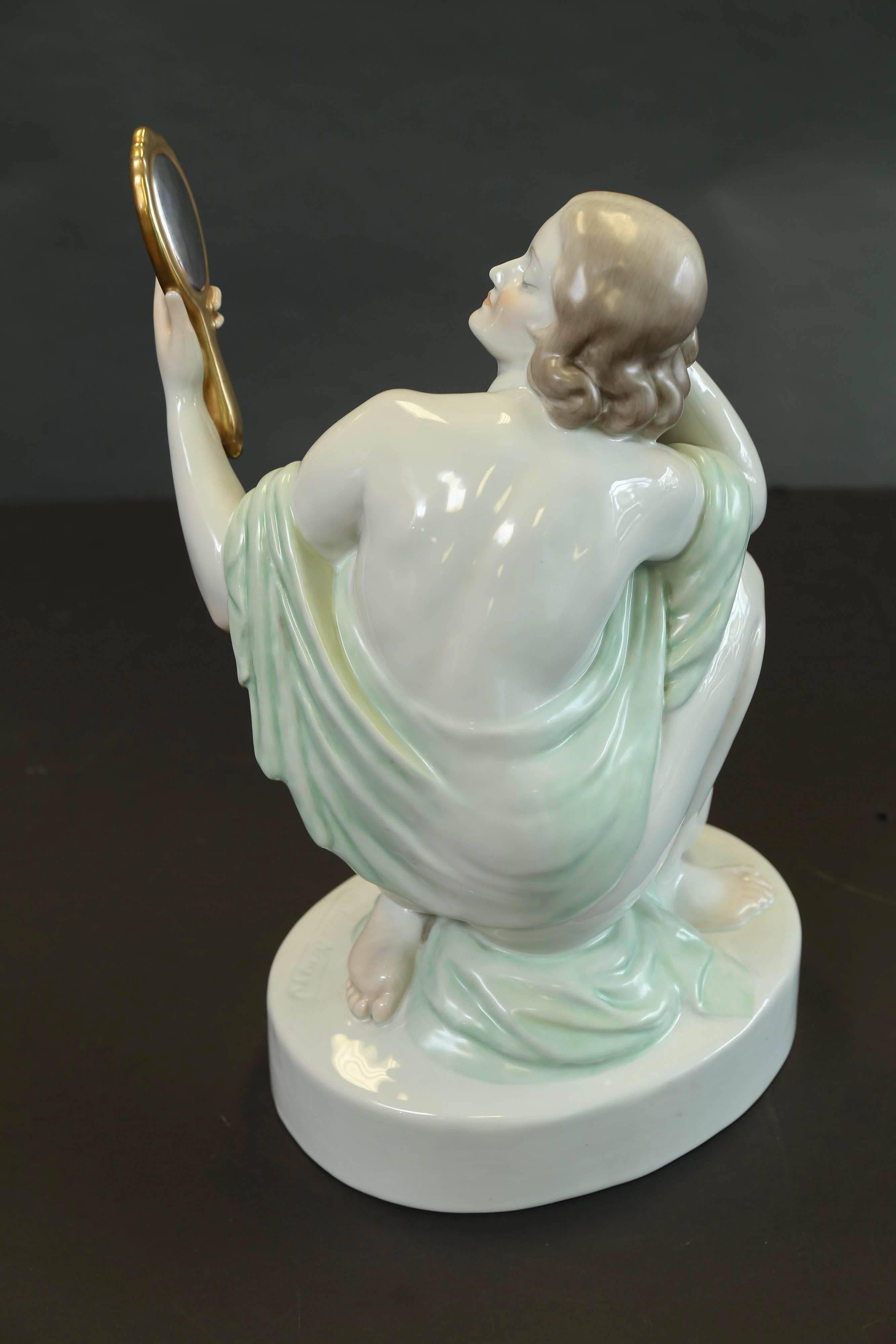 Hungarian Herend Nude Female Figure with Mirror For Sale