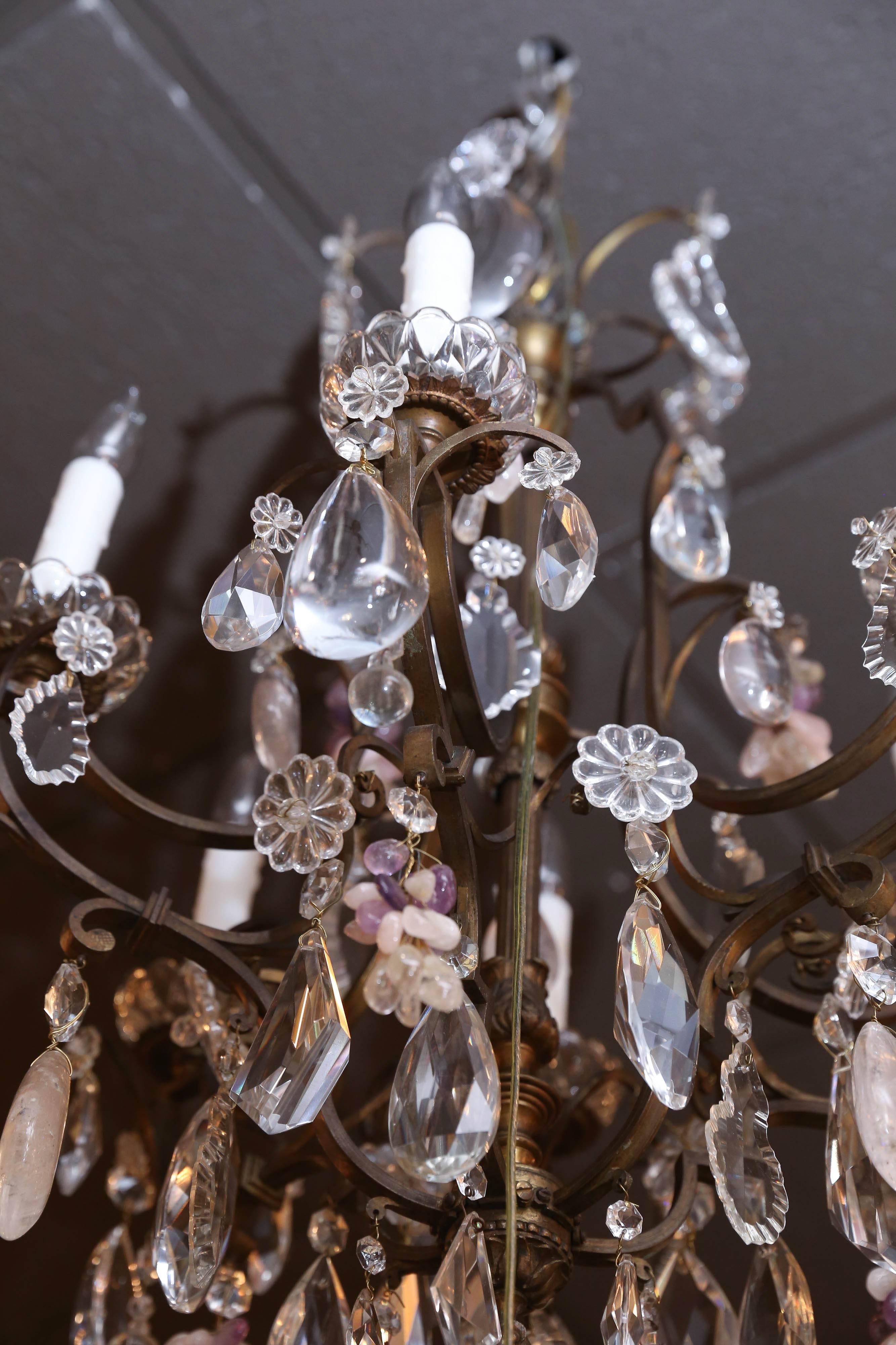 French Bronze Rock and Clear Crystal Nine-Light Chandelier