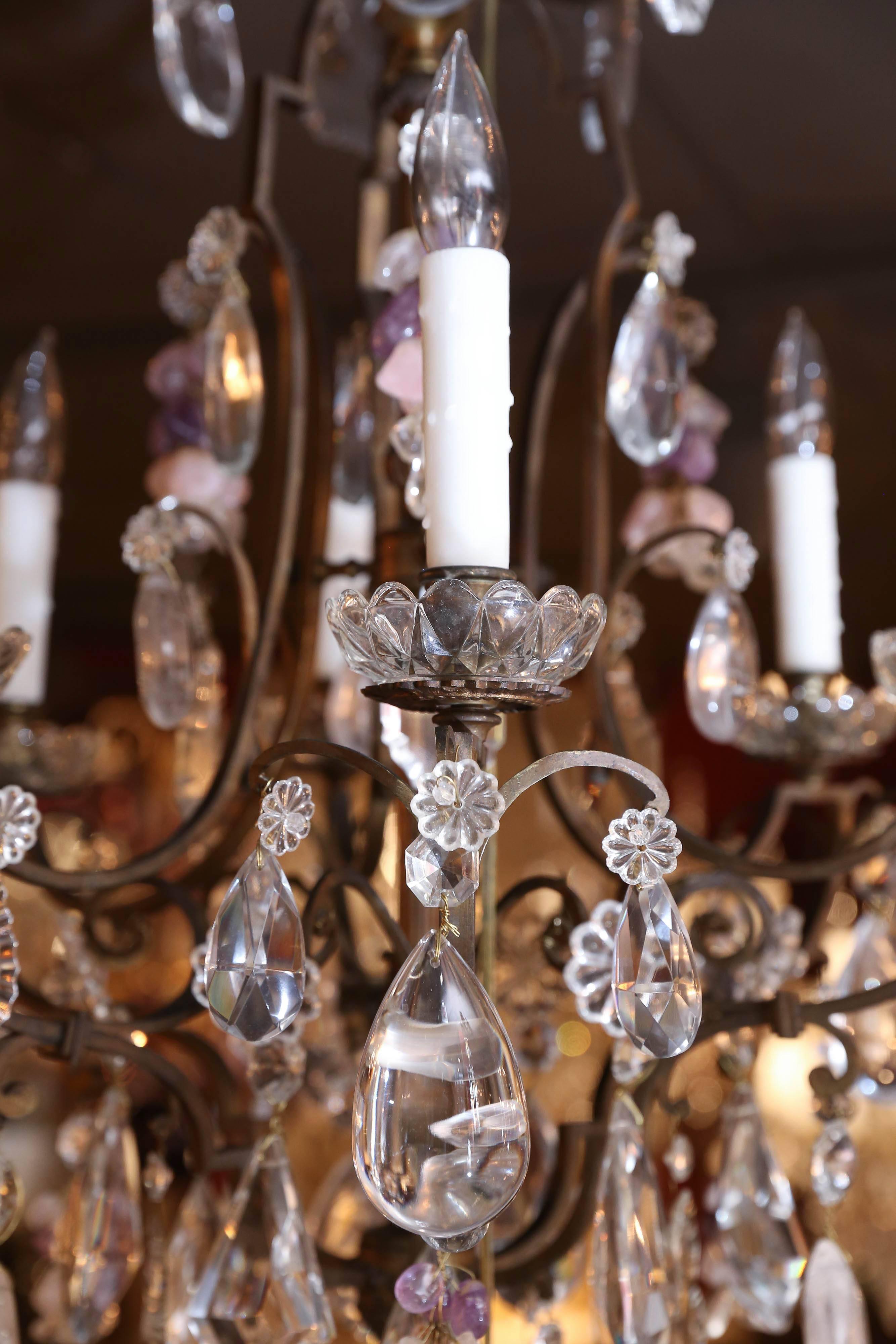 Bronze Rock and Clear Crystal Nine-Light Chandelier In Excellent Condition In Houston, TX