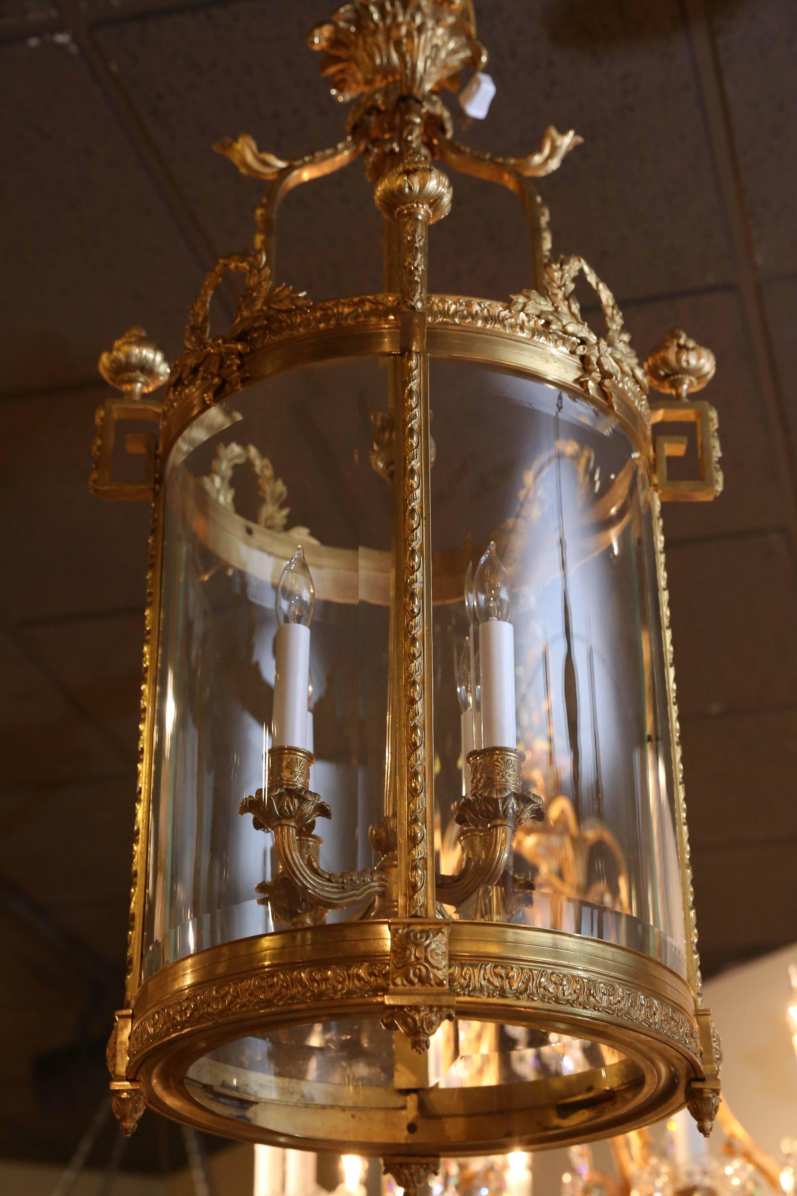 20th Century French Bronze Doré Lantern Style Chandelier, Four Lights with Beveled Glass