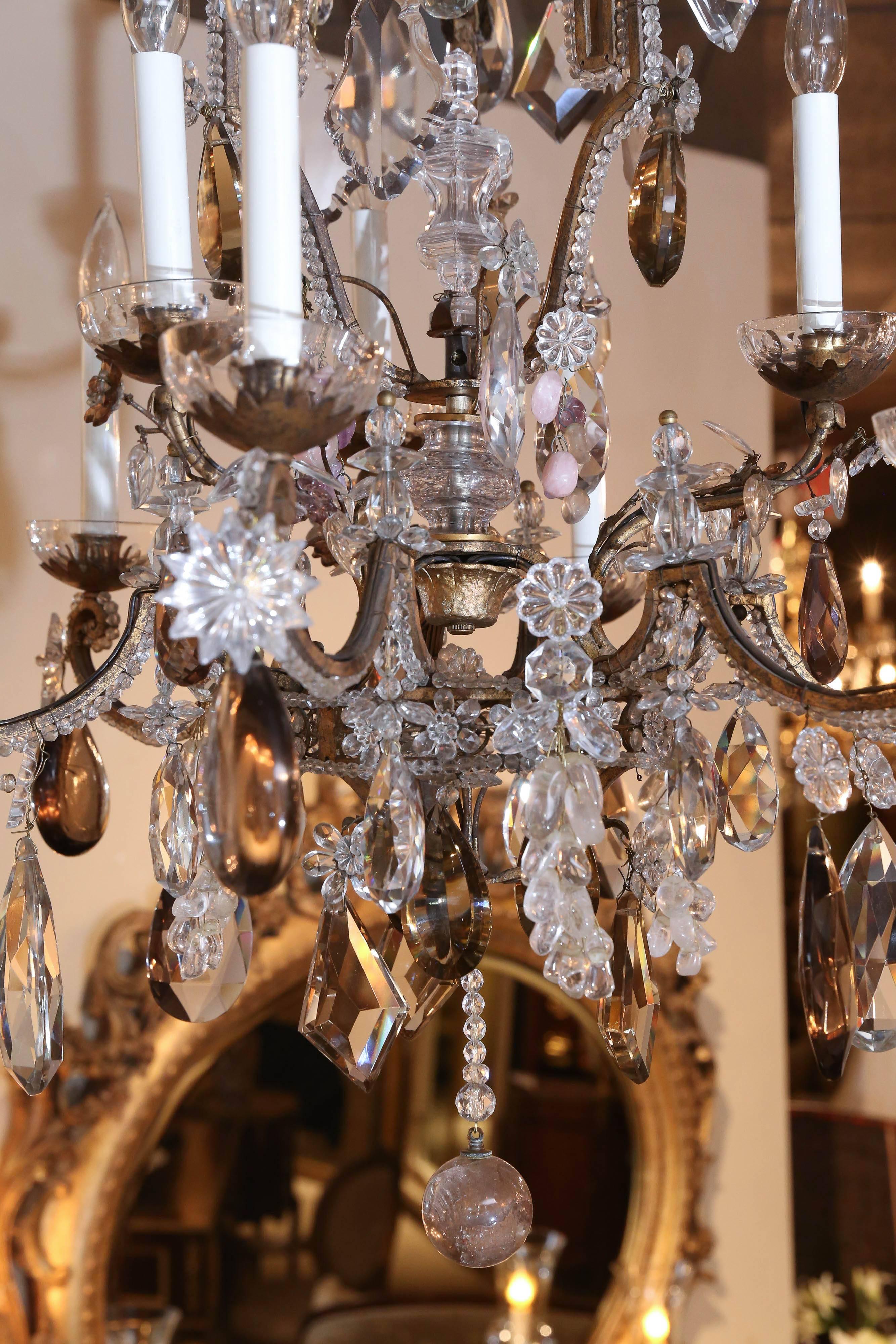French Bronze and Crystal Chandelier with Rock, Smoke and Amethyst Crystals In Excellent Condition In Houston, TX