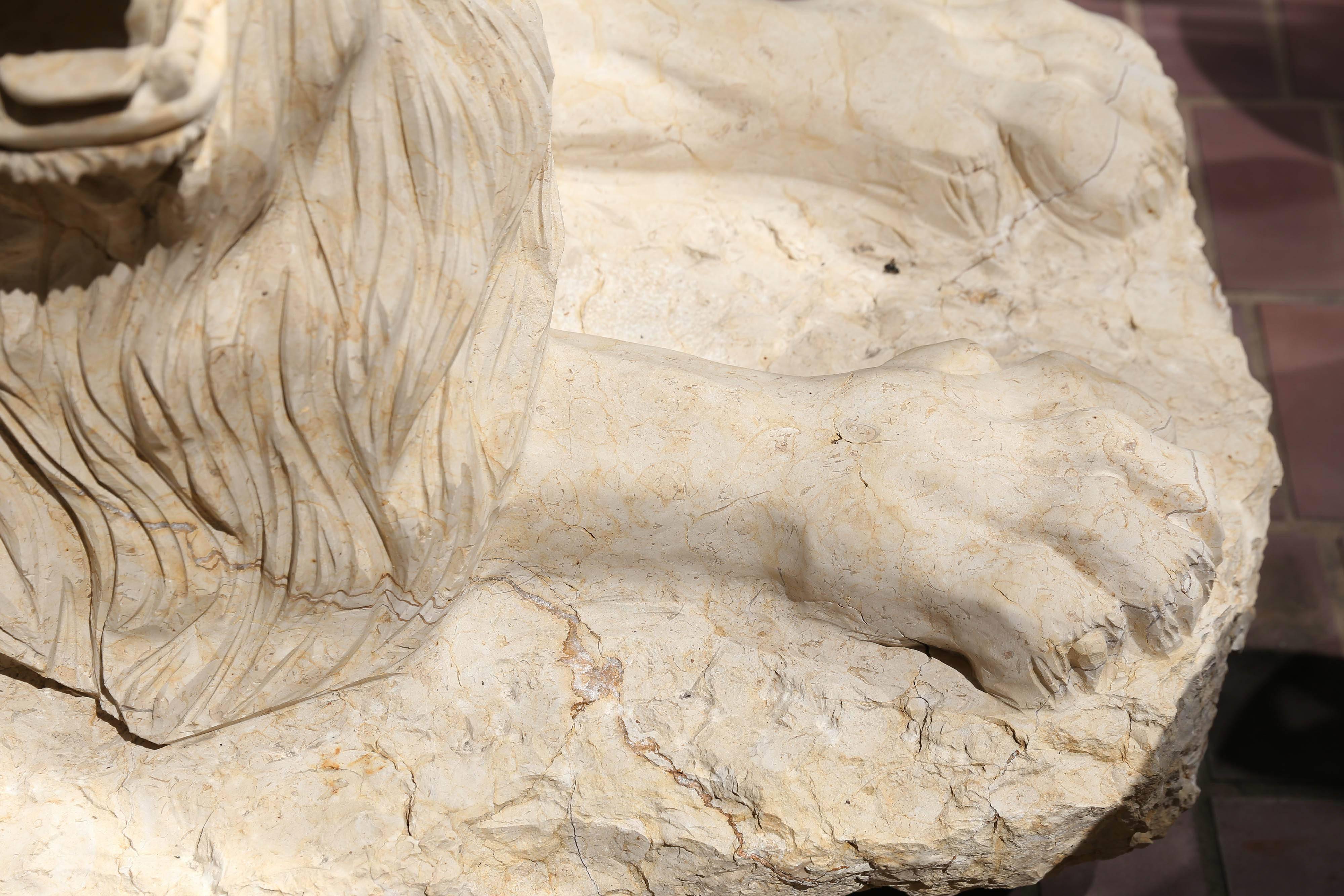 Cream Marble Carved Lion Sculpture In Excellent Condition In Houston, TX