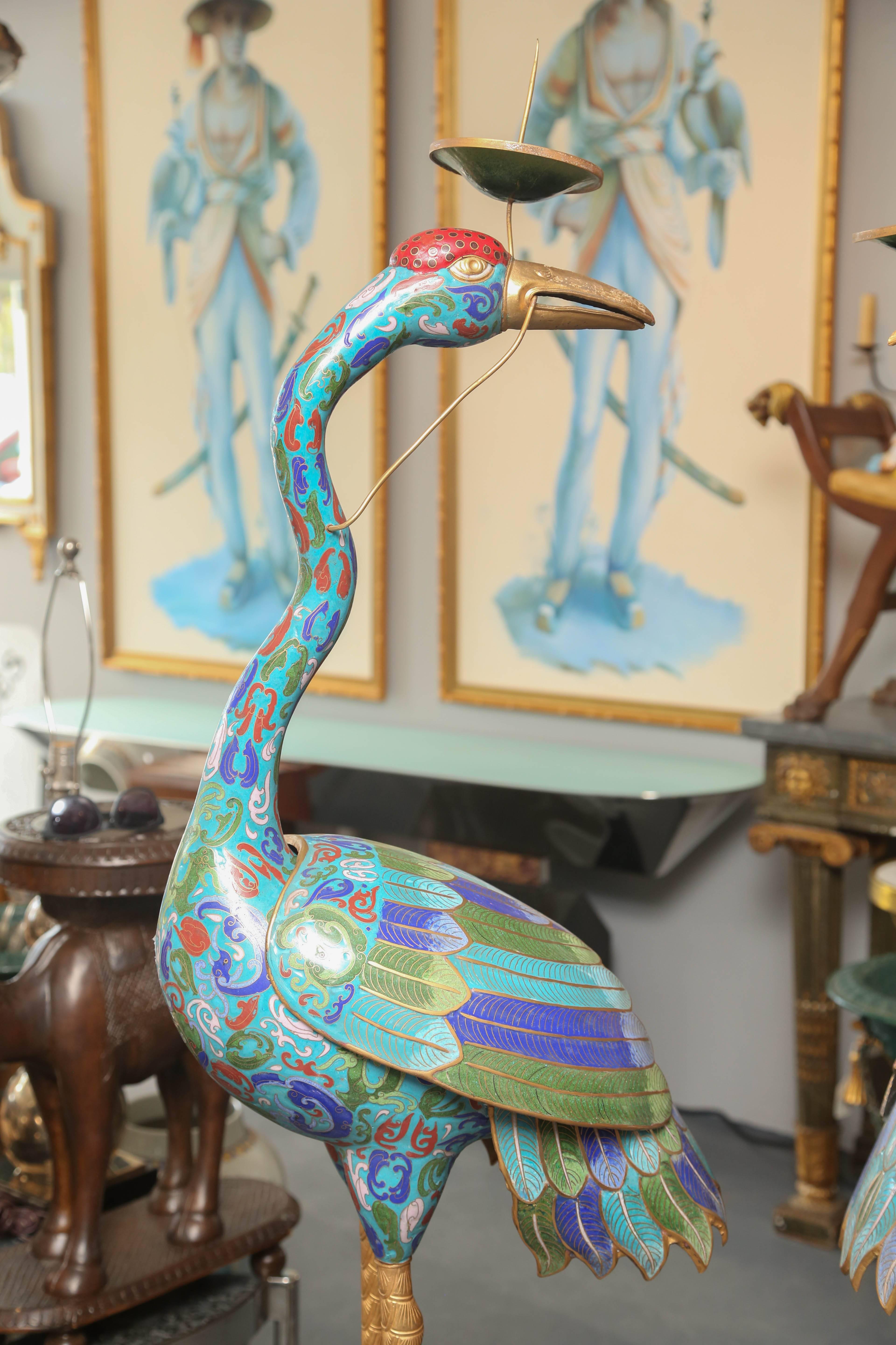 Pair of Life Size Cloisonné Cranes In Good Condition In West Palm Beach, FL
