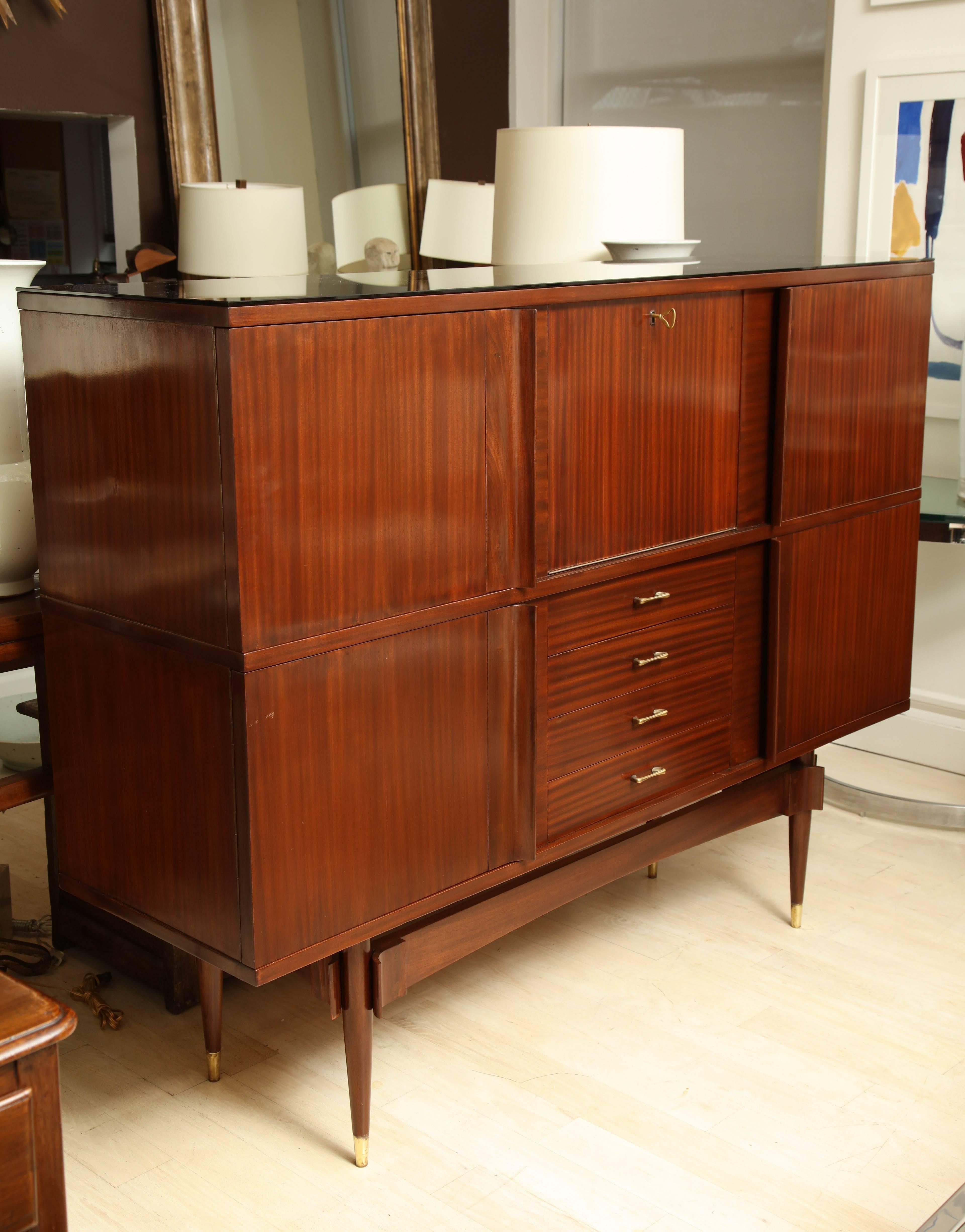 Italian Sapele Wood Cabinet with Drop Down Bar and Interior Drawers, circa 1970 For Sale 1