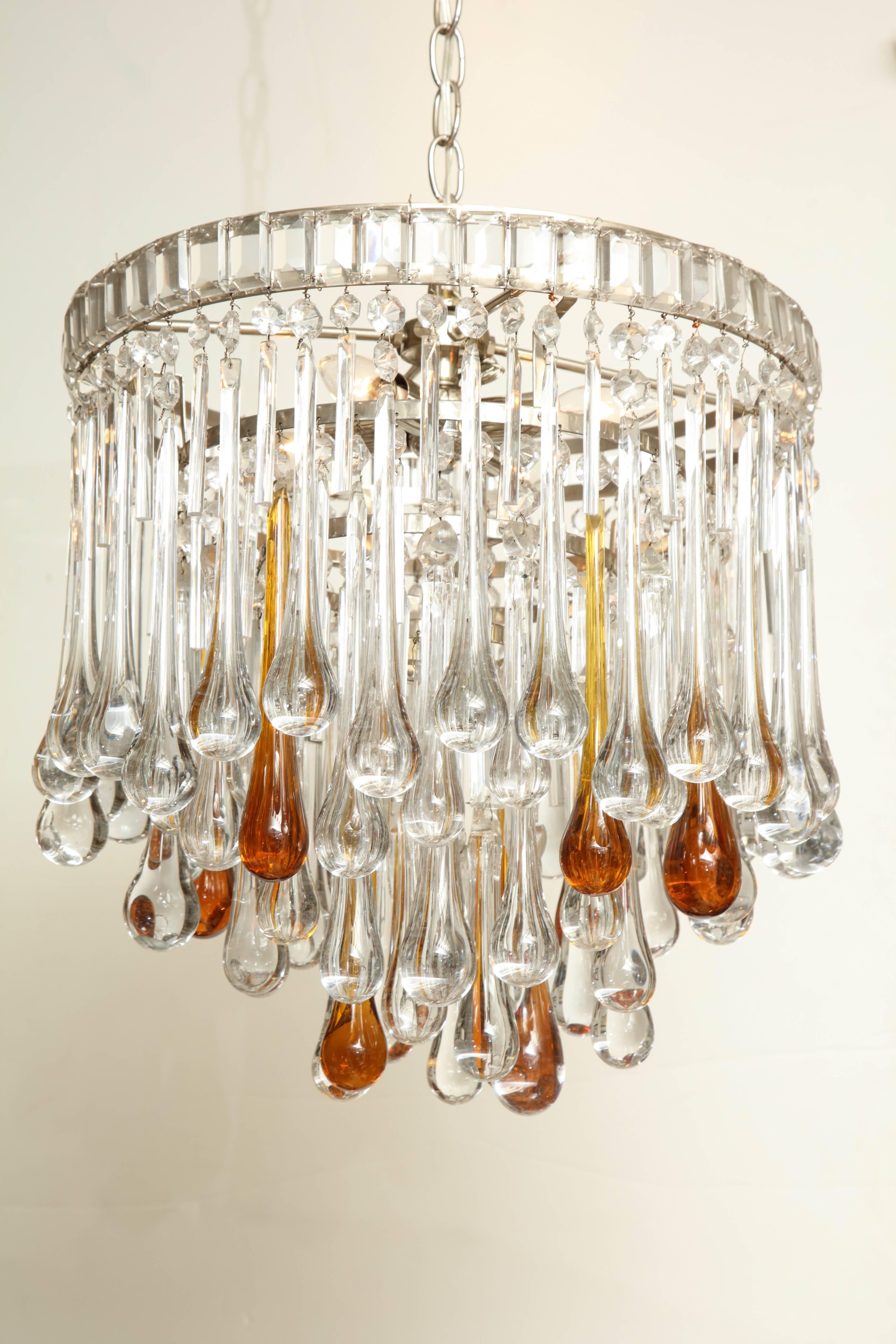 Mid-Century Modern Murano Glass Chandelier with Clear and Amber Crystal Tear Drops, Italy, 1980s For Sale
